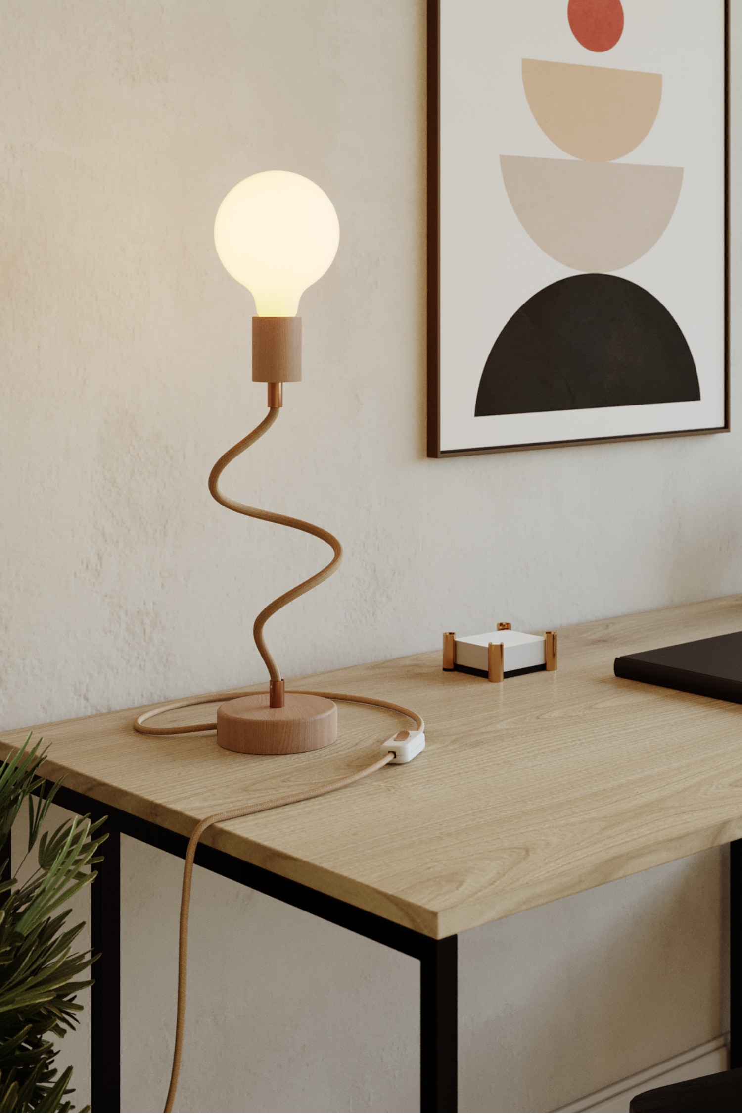 Justerbar Bordlampe I Træ Med Diffust Lys - Naturtræ