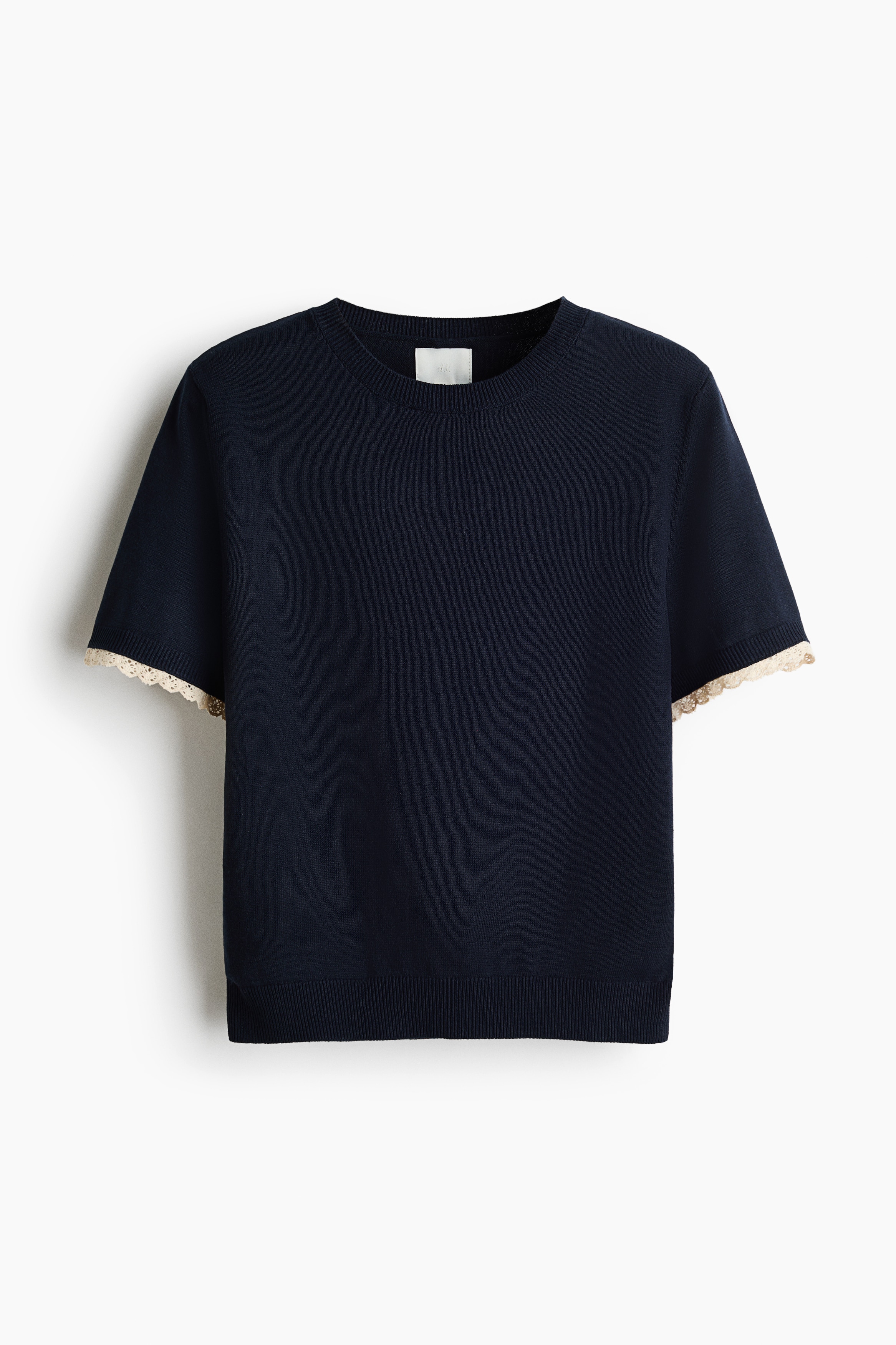 Top en maille fine avec dentelle - Marine/Crème