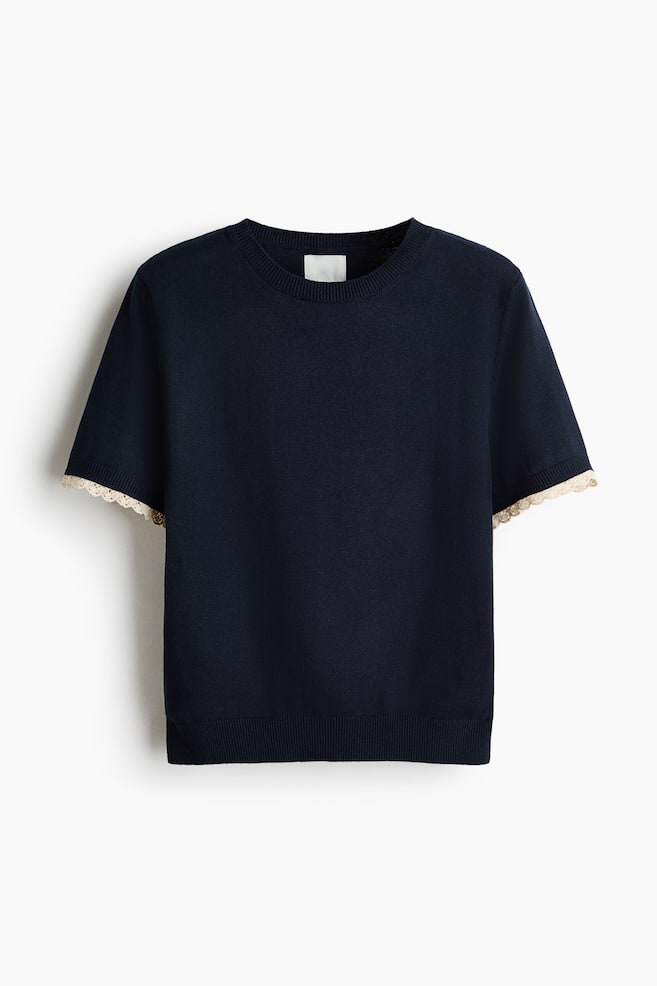 Lace-Trimmed Fine-Knit Top - Navy blue/Cream - 1