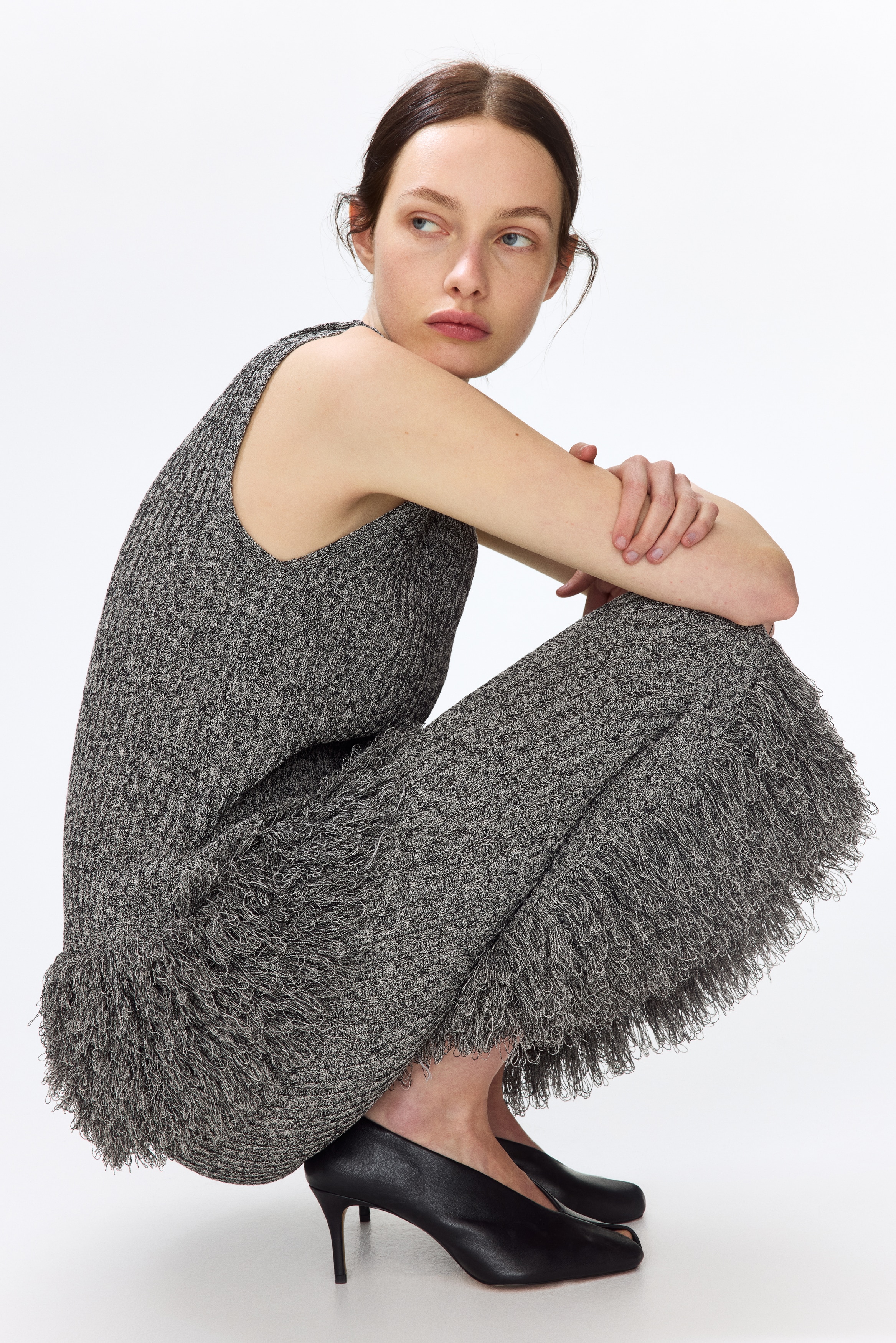 Bluza od rebrastog pletiva sa resama - Crna/beli lapor