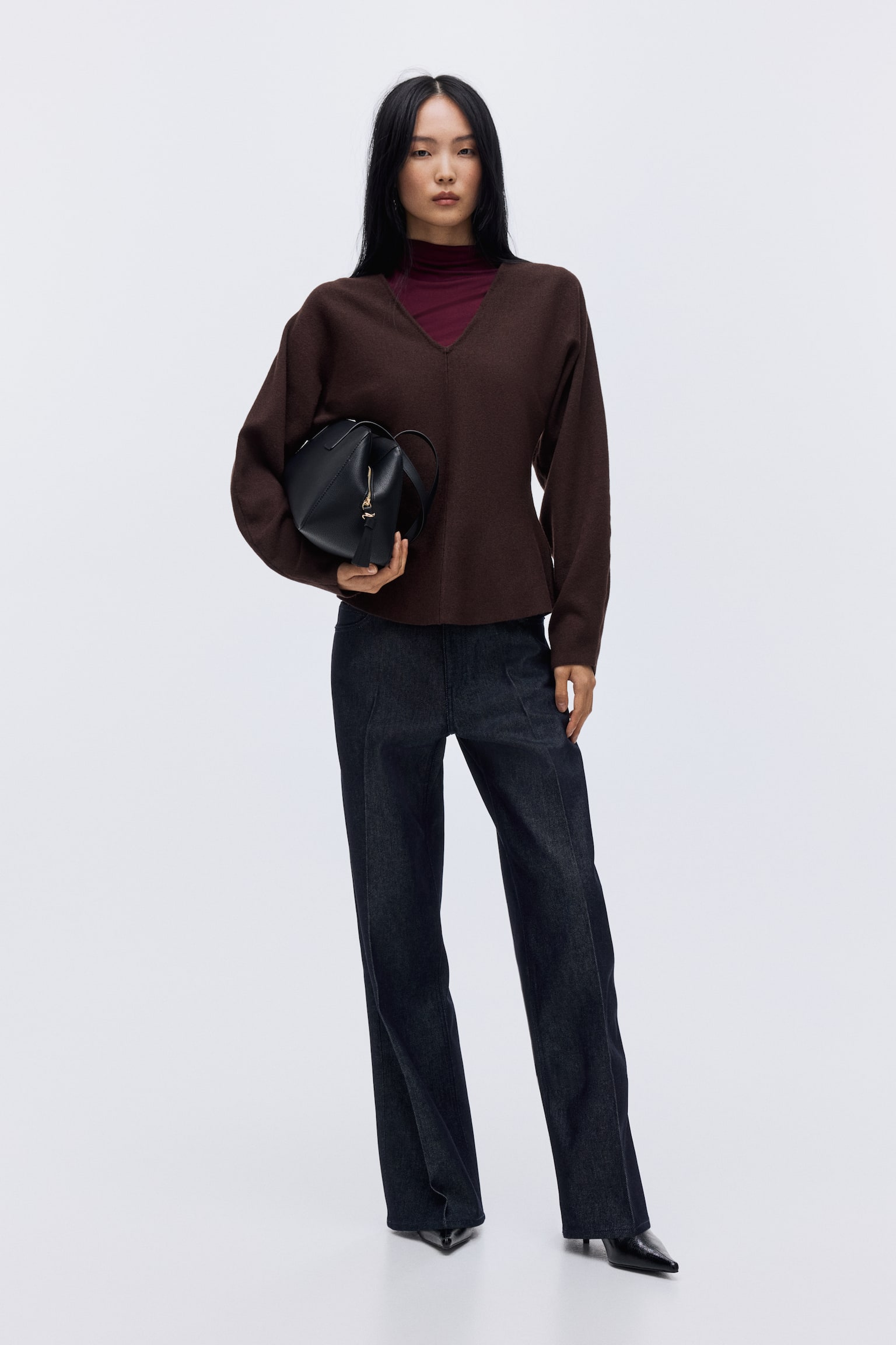 Knitted V-neck top - Marrone scuro/Beige chiaro - 6