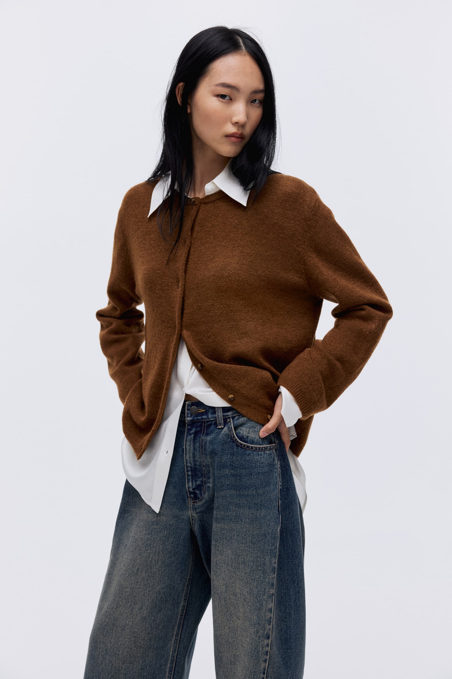 Loose-fit cardigan - Brown/Dark brown/Black/Light green marl/Navy blue/Beige marl/Dark grey marl/Greige marl/Burgundy/Dark grey marl - 4