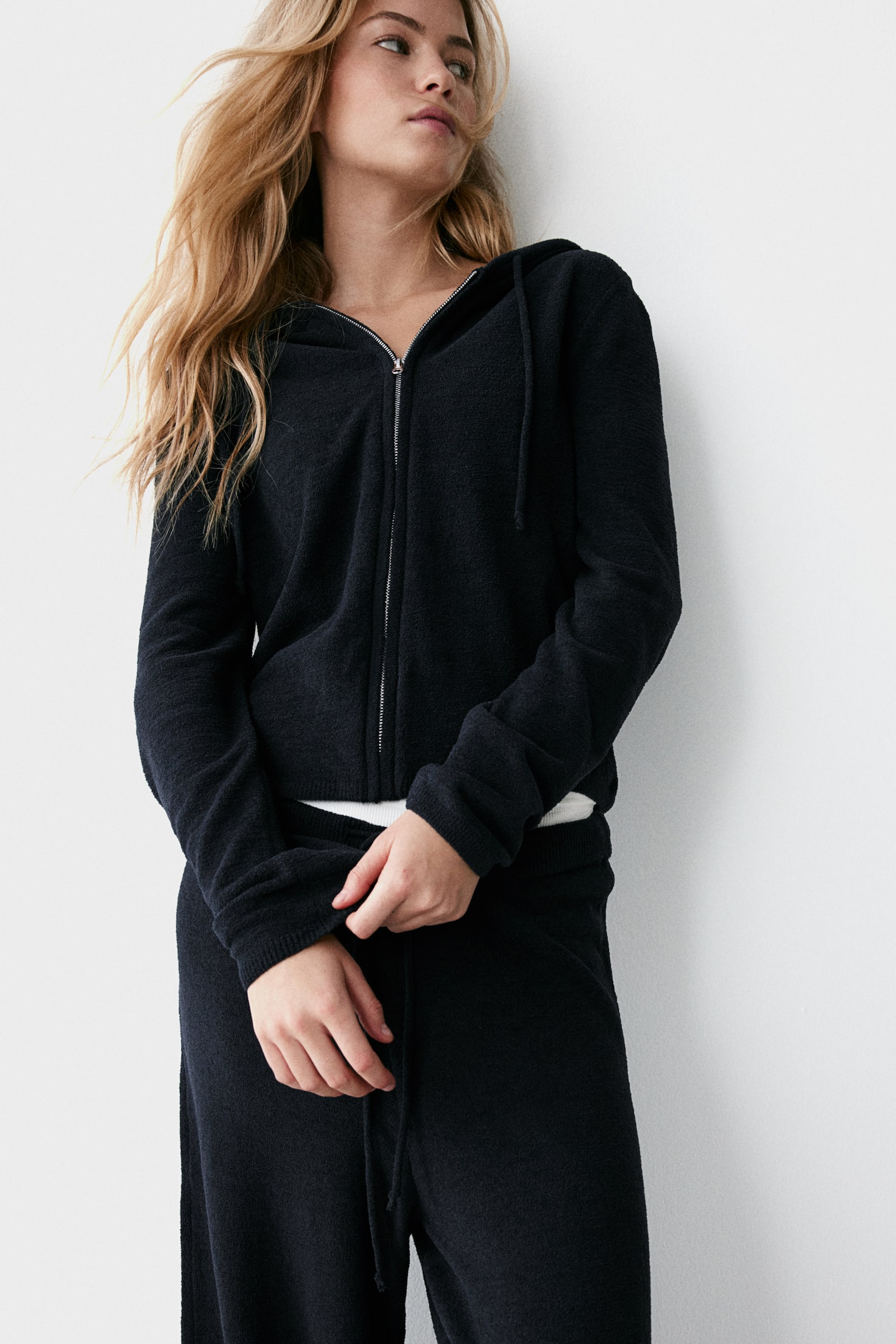 Zip-through chenille hoodie - Black/Cream - 6