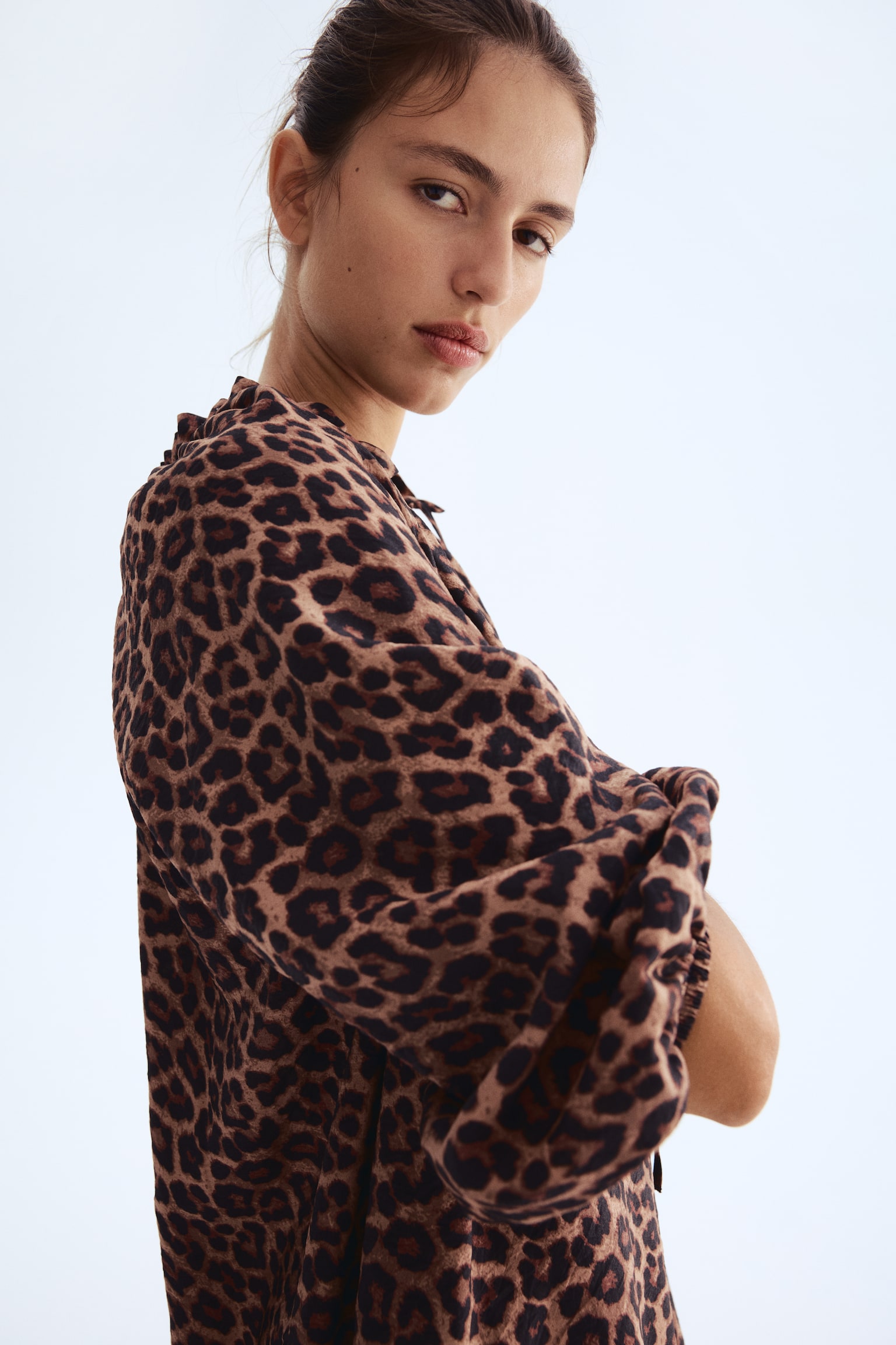 Yakası Fırfırlı Elbise - Bej/Leopar desenli/Bordo/Şal desenli/Koyu mavi/Şal desenli - 4