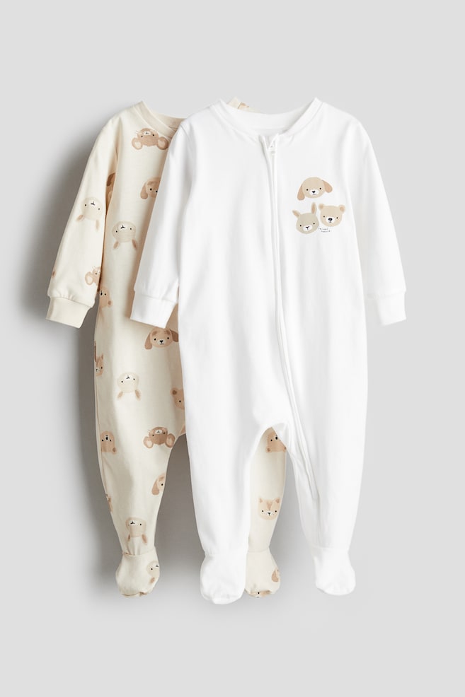 2-pack zip-up sleepsuits - Beige/Animals/Light beige/White/Light grey/Teddy bears/Light purple/Bows/Light blue/Clouds - 1