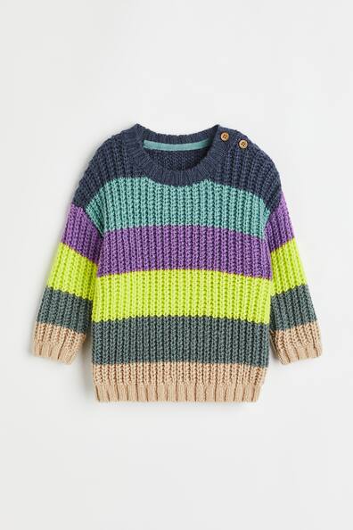 Rib-knit jumper - Round neck - Long sleeve - Turquoise/Striped - Kids ...