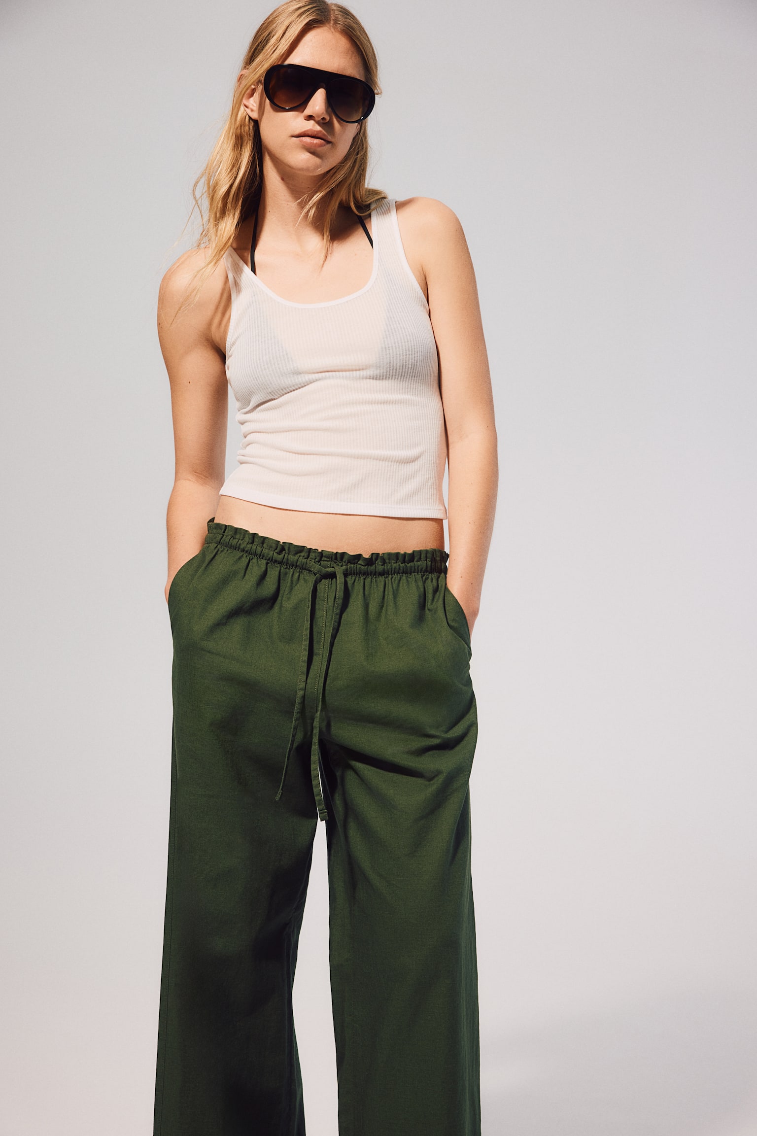 Wide linen-blend trousers - Dark khaki green/Black/Beige/White/Olive green - 3