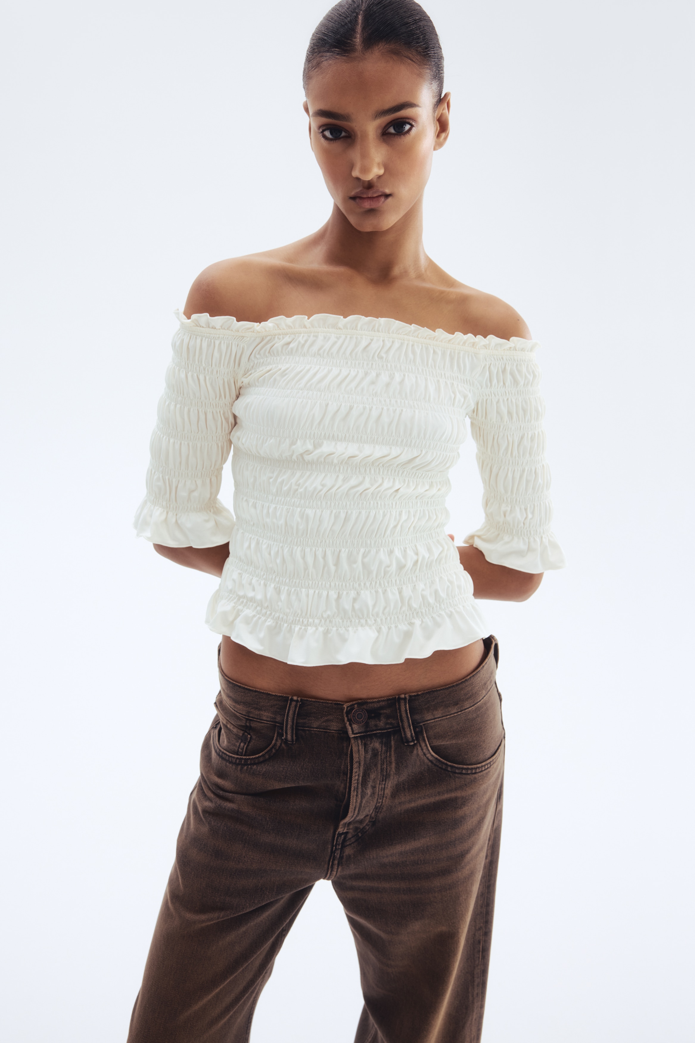 Signore - Crema Top a spalle scoperte con smock - Size: M  - H&M