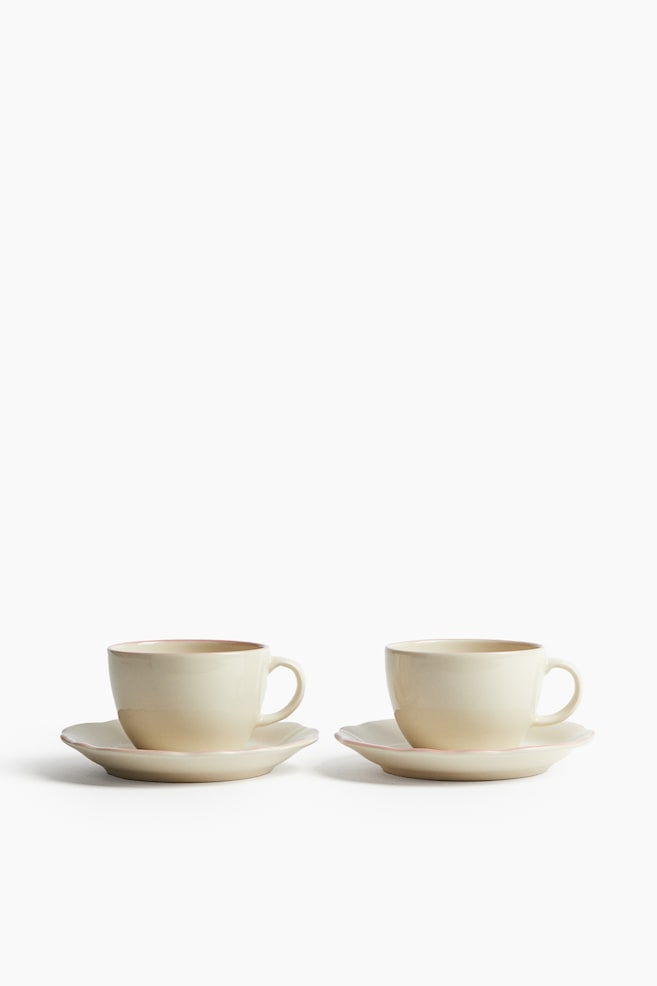 2er-Pack Tasse und Untertasse aus Steingut - Hellbeige/Rosa/Hellbeige/Rot - 1