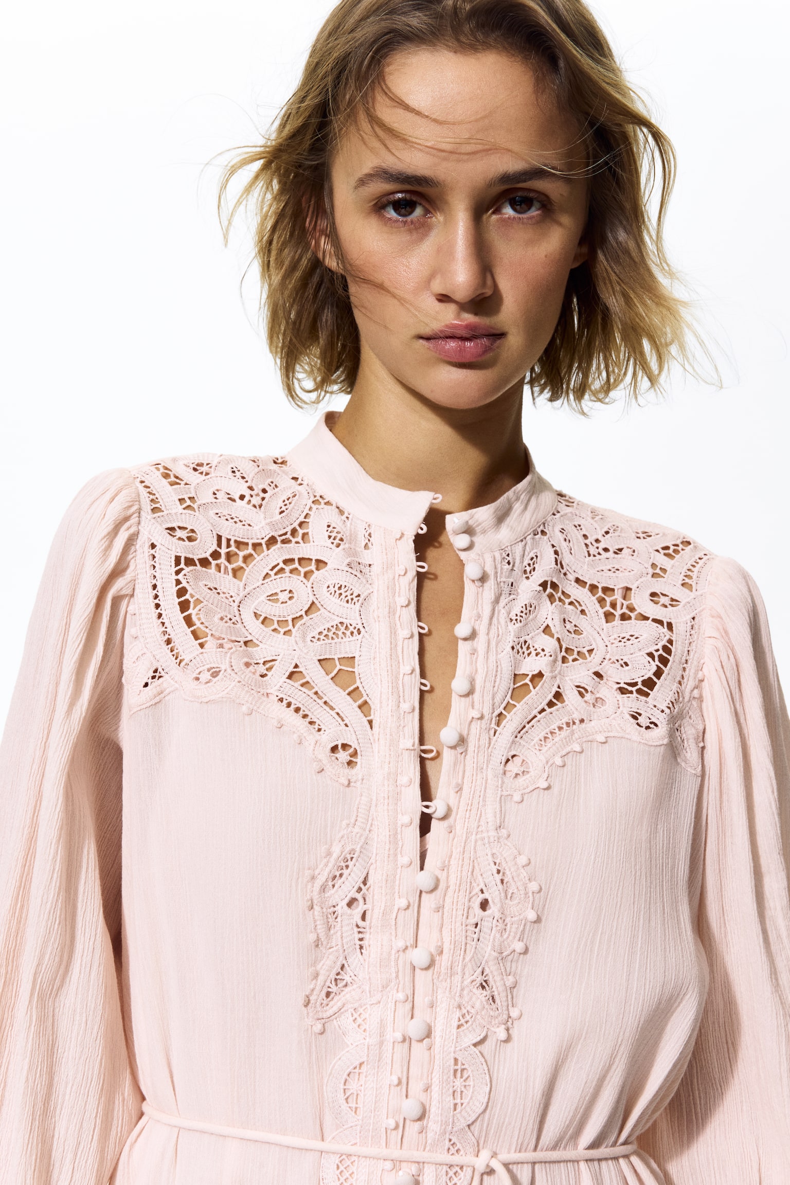 Lace-detail cotton dress - Light pink/Cream/Dark brown - 5