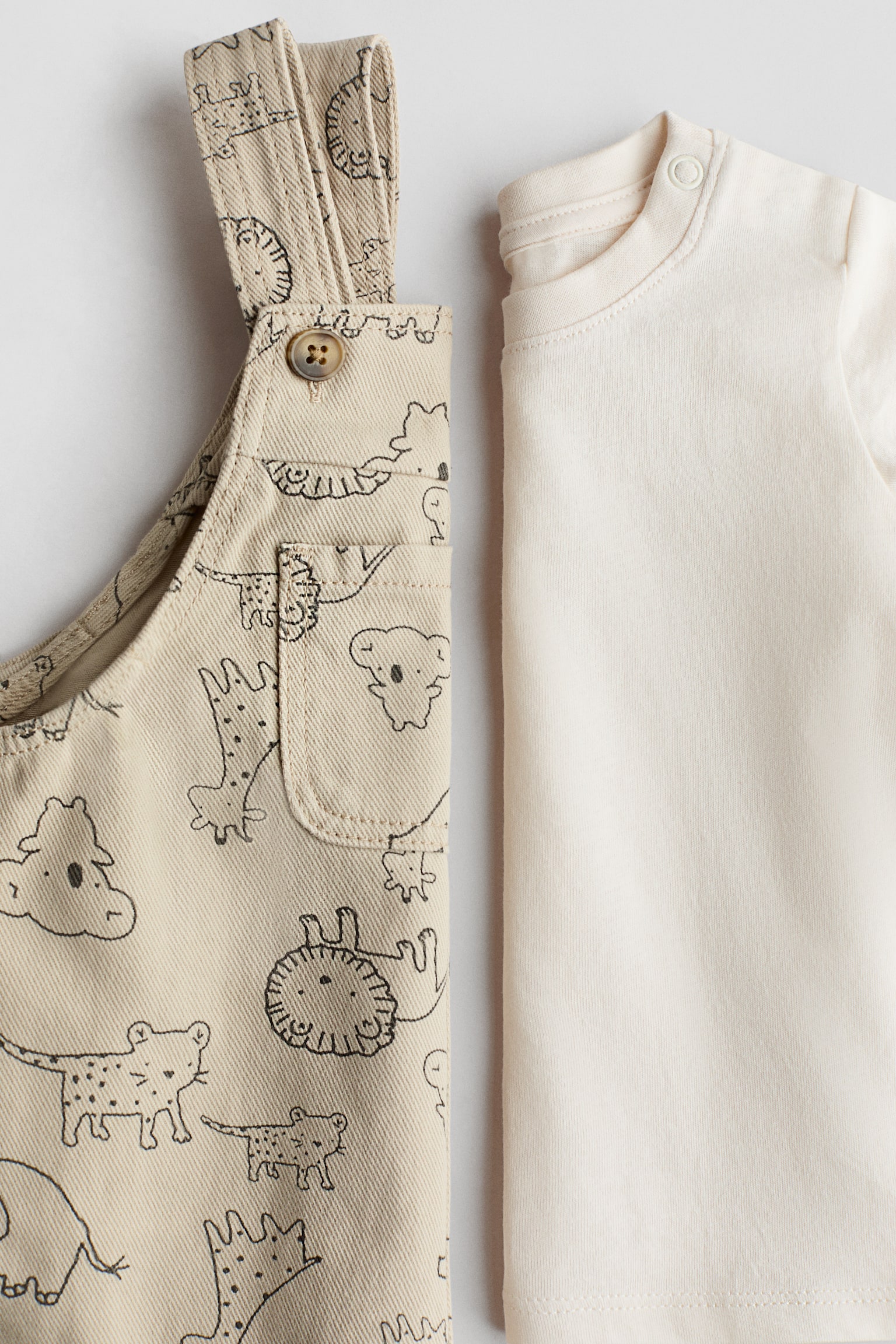 2-piece dungarees and top set - Light beige/Animals/Navy blue/White - 2