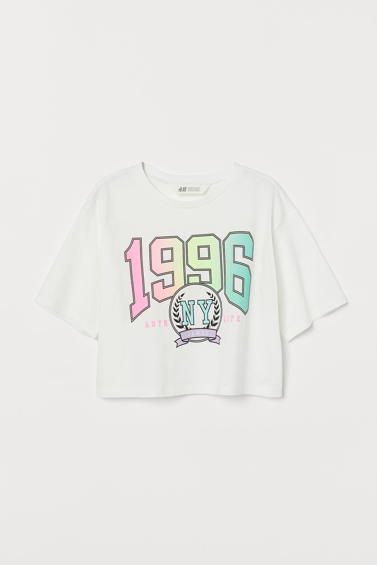 Cropped printed T-shirt - Round neck - Short sleeve - White/NY - Kids ...