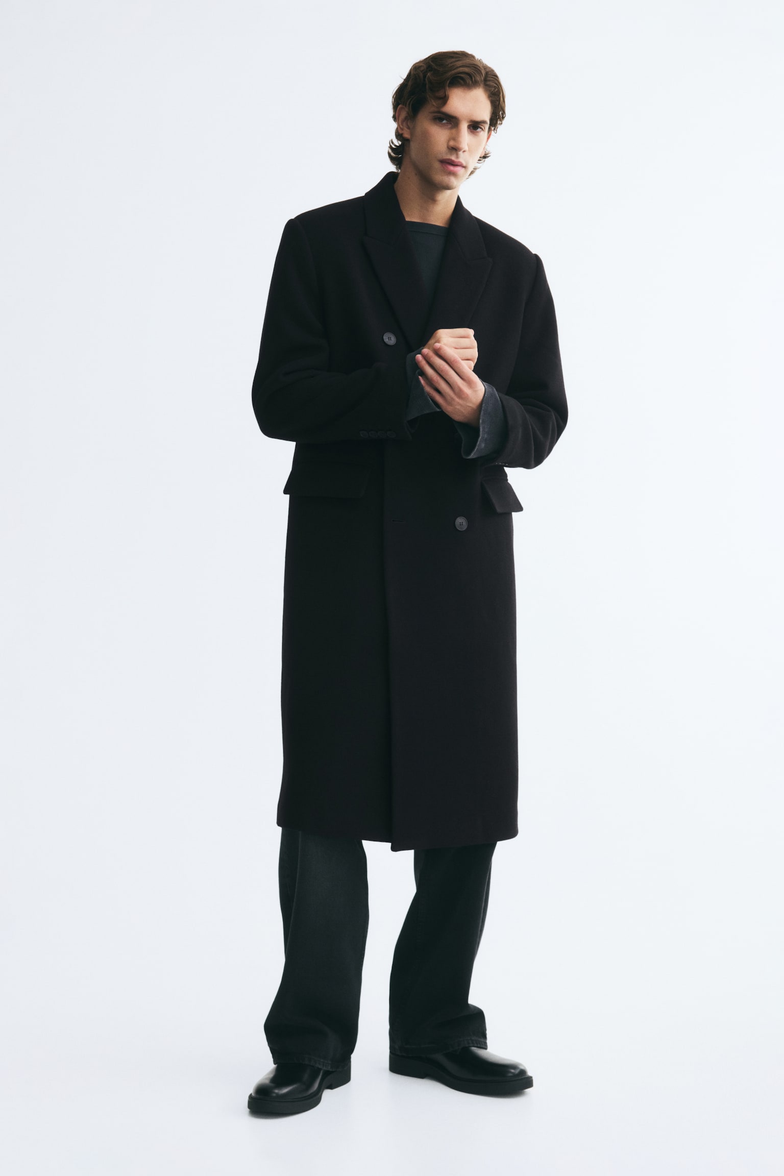 Мужское пальто H&M Double-Breasted Wool-Blend, цвет: Чёрный — фото 4