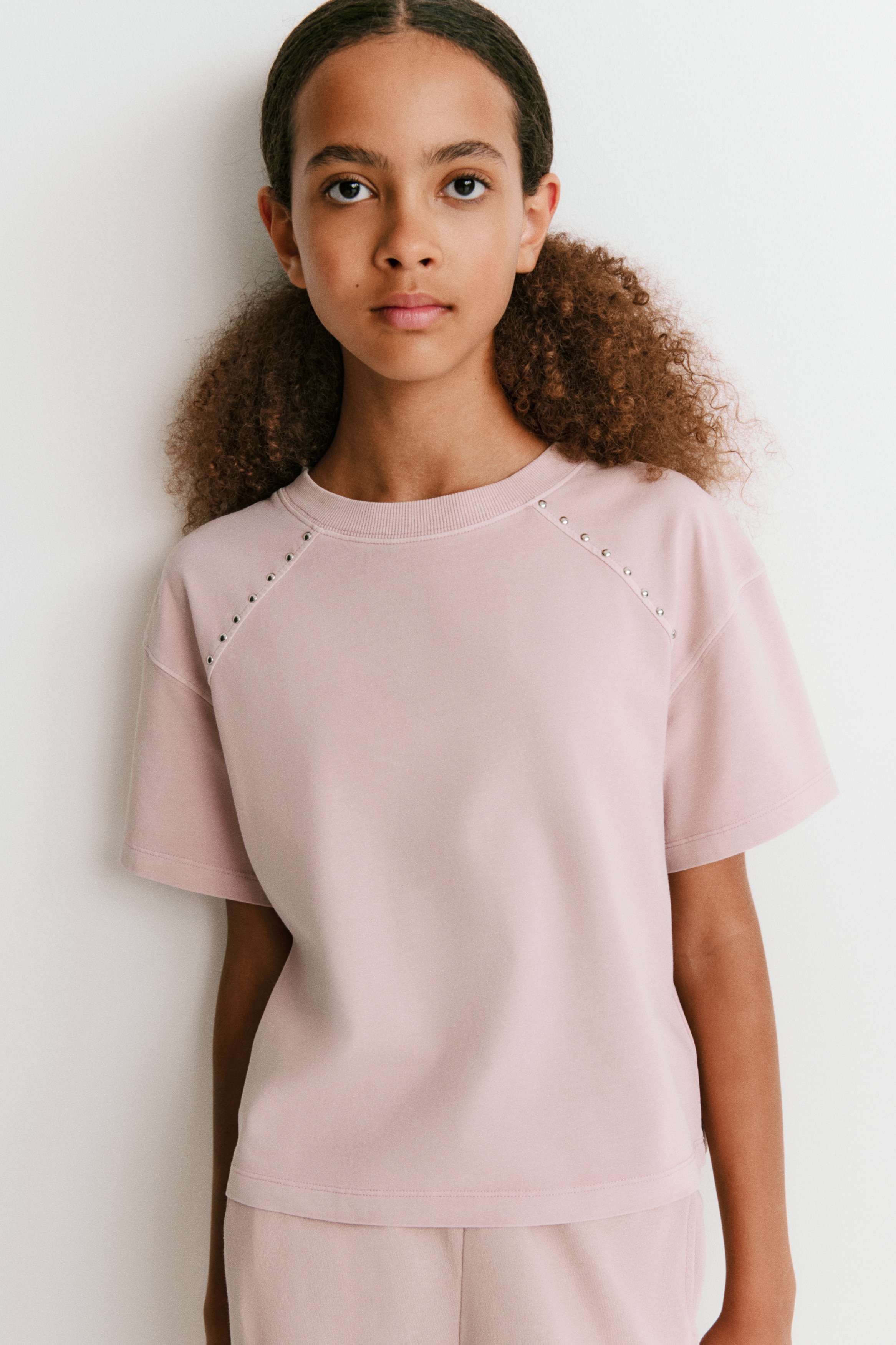 Studded cotton T-shirt - Light pink/Washed grey
