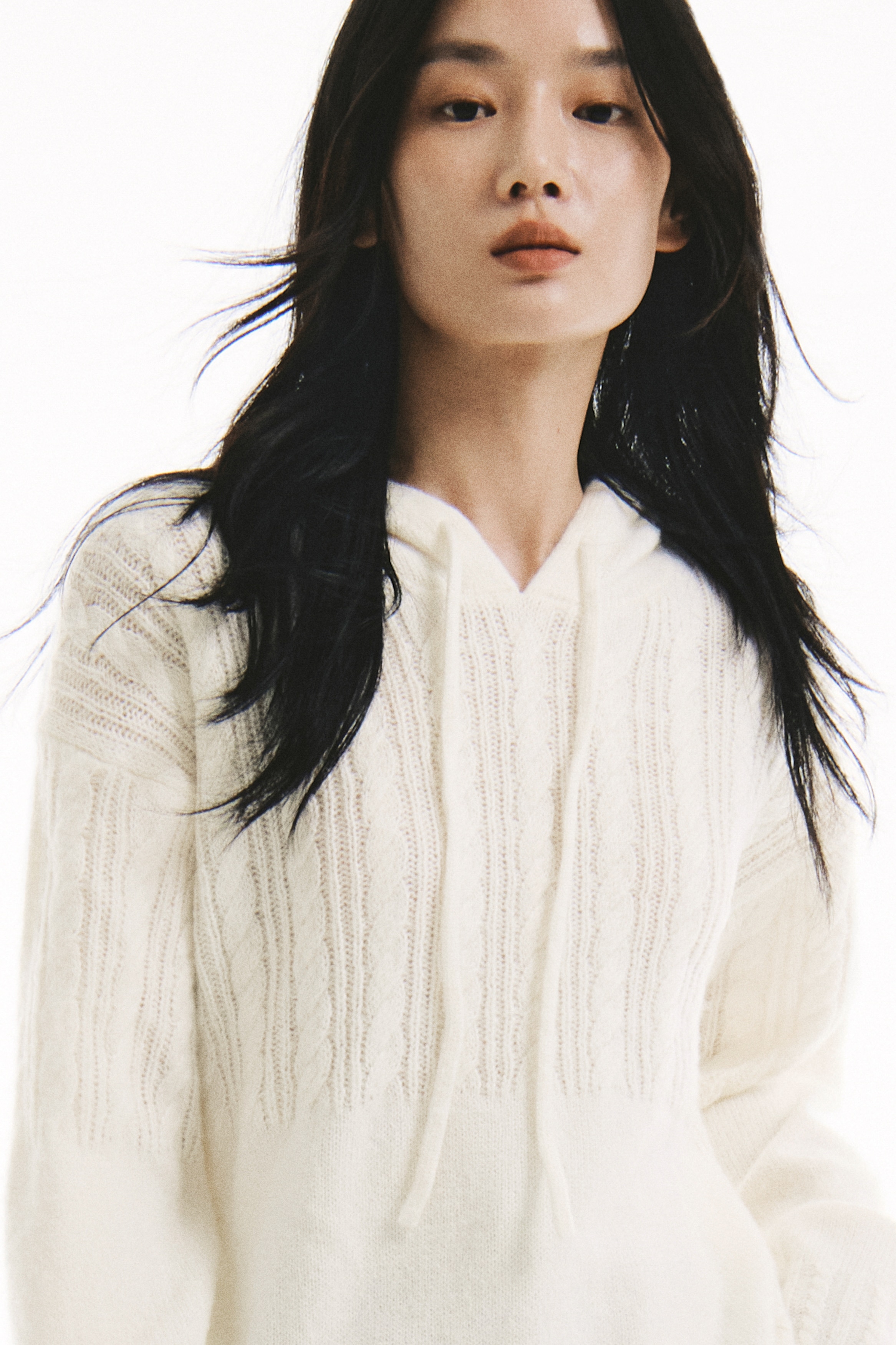 H & M - ケーブルニットフーデッドトップス - ホワイト