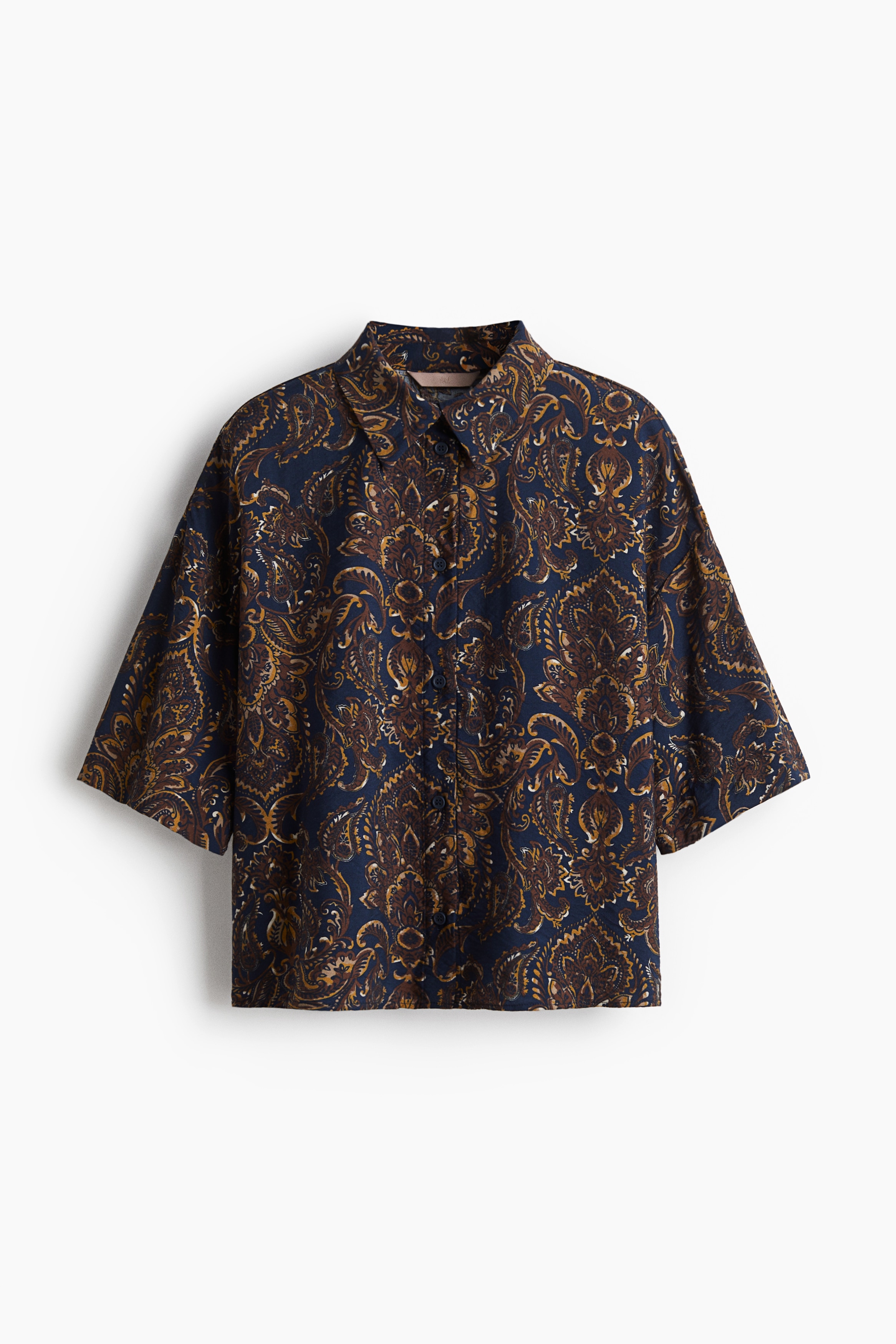 Bol Kesimli Gömlek - Koyu mavi/Şal desenli/Paslı kahverengi