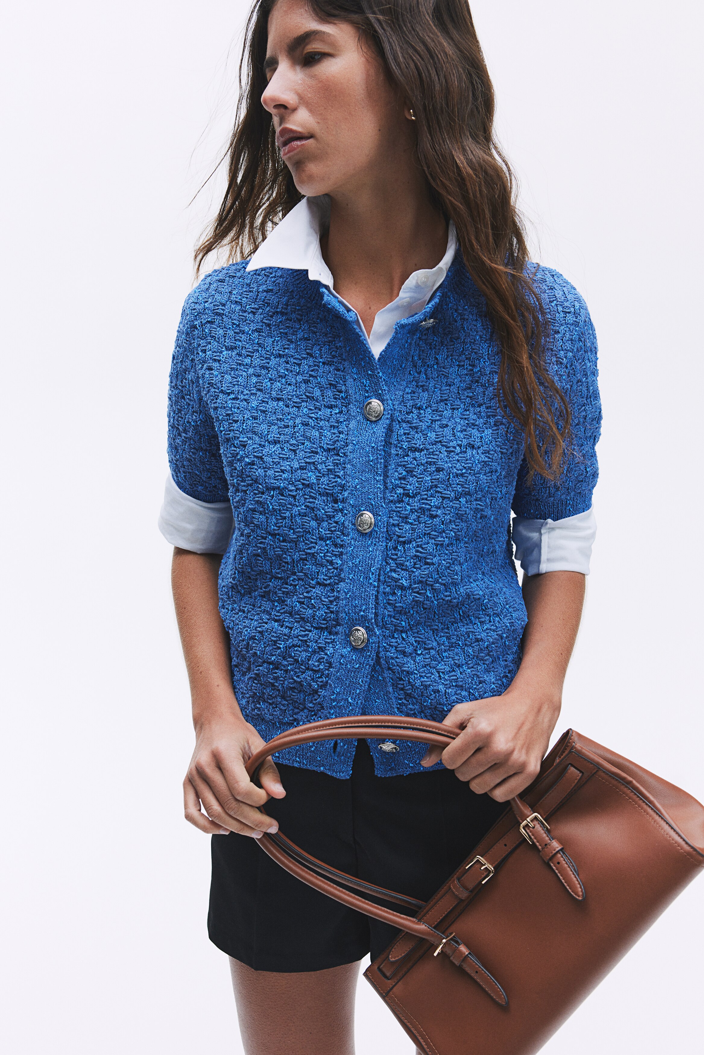 Cardigan in maglia strutturata - Blu/Crema