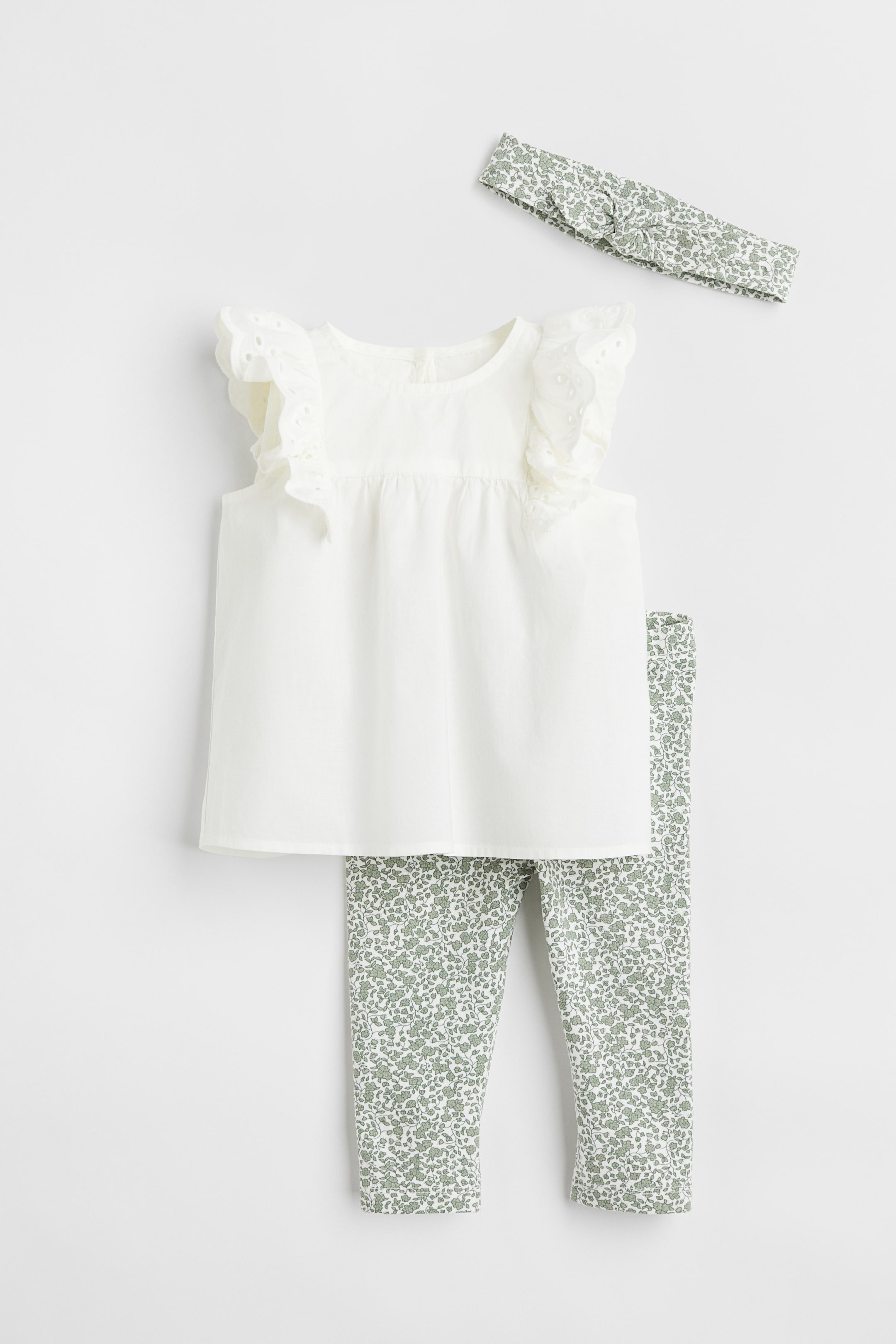 Grotere afbeelding bekijken: 3-delige katoenen set - Lichtgroen/bloemen - KINDEREN | H&M BE 1