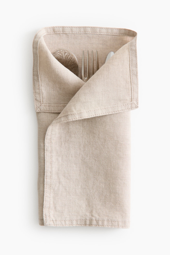 4-Pack Linen Cutlery Pouches - Beige/White - 1