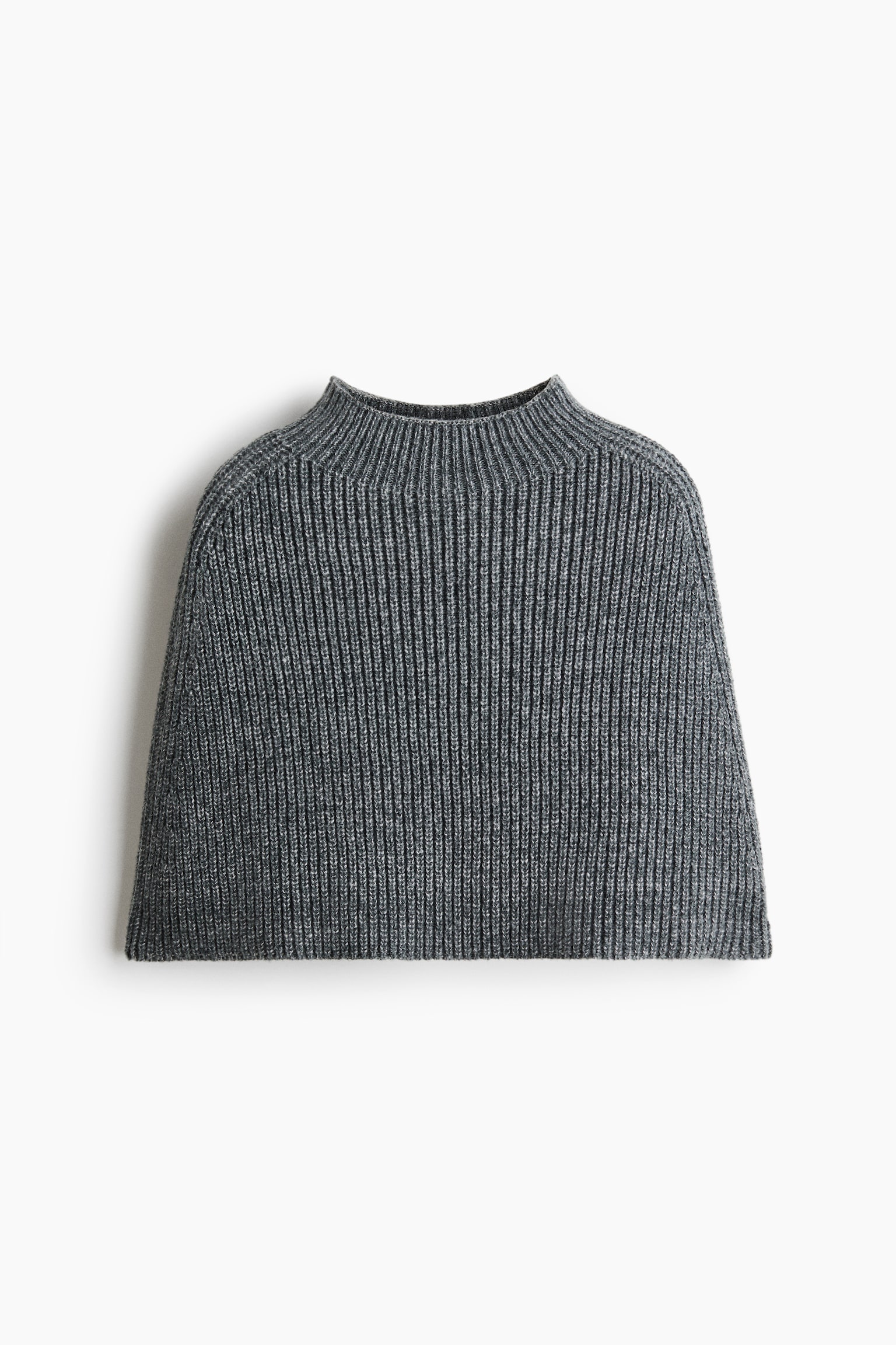 A grey ribbed-knit capelet is facing front, showcasing a high mock neck and a flared, sleeveless silhouette. The garment displays a vertical ribbed pattern throughout its textured, heathered knit.