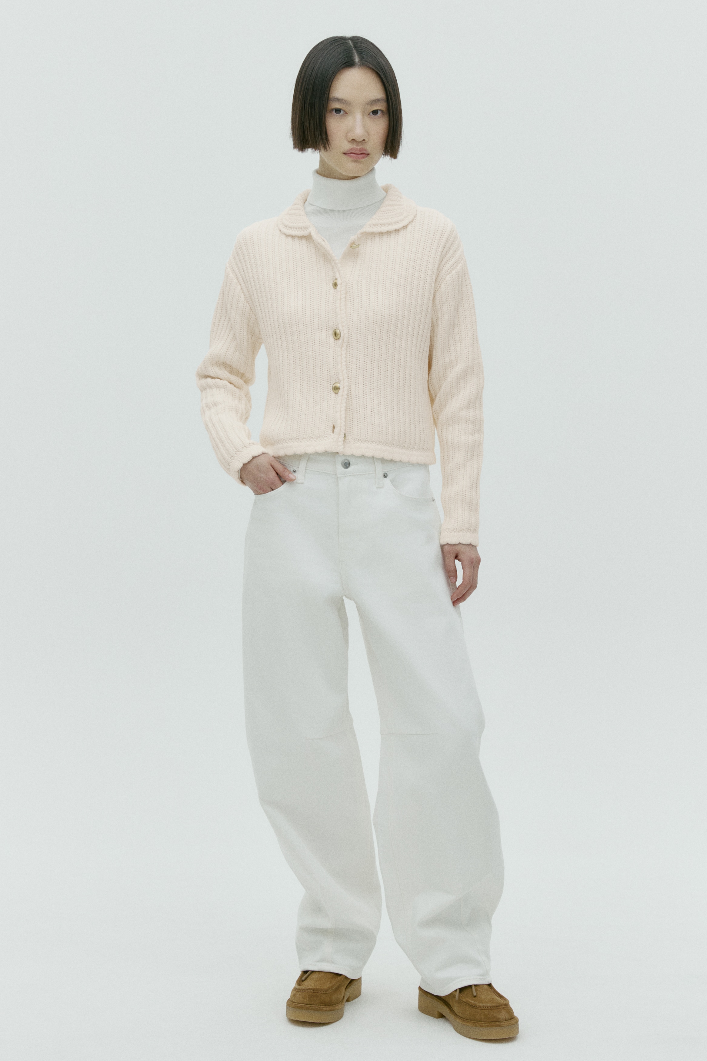 襟付きカーディガン - クリーム/ネイビーブルー/グレーメランジ