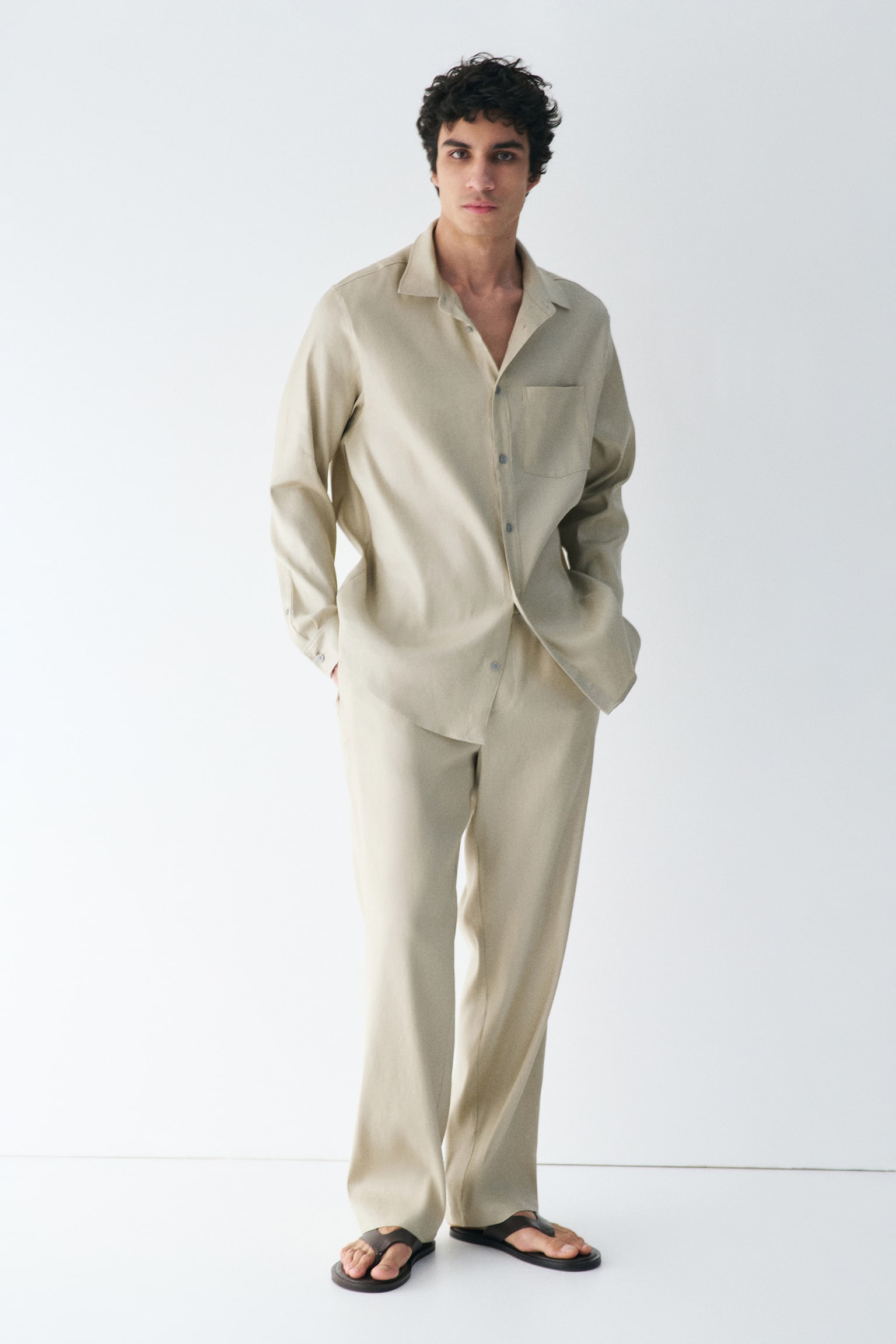 Regular Fit Linen-blend shirt - Beige/Khaki green/White - 7