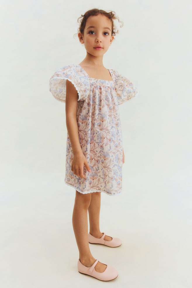 Robe trapèze en coton-Beige clair/fleuri - 2