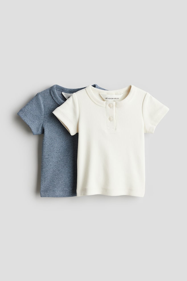 Bawełniany top henley w prążki 2-pak - Niebieski melanż/ Kremowy - 1