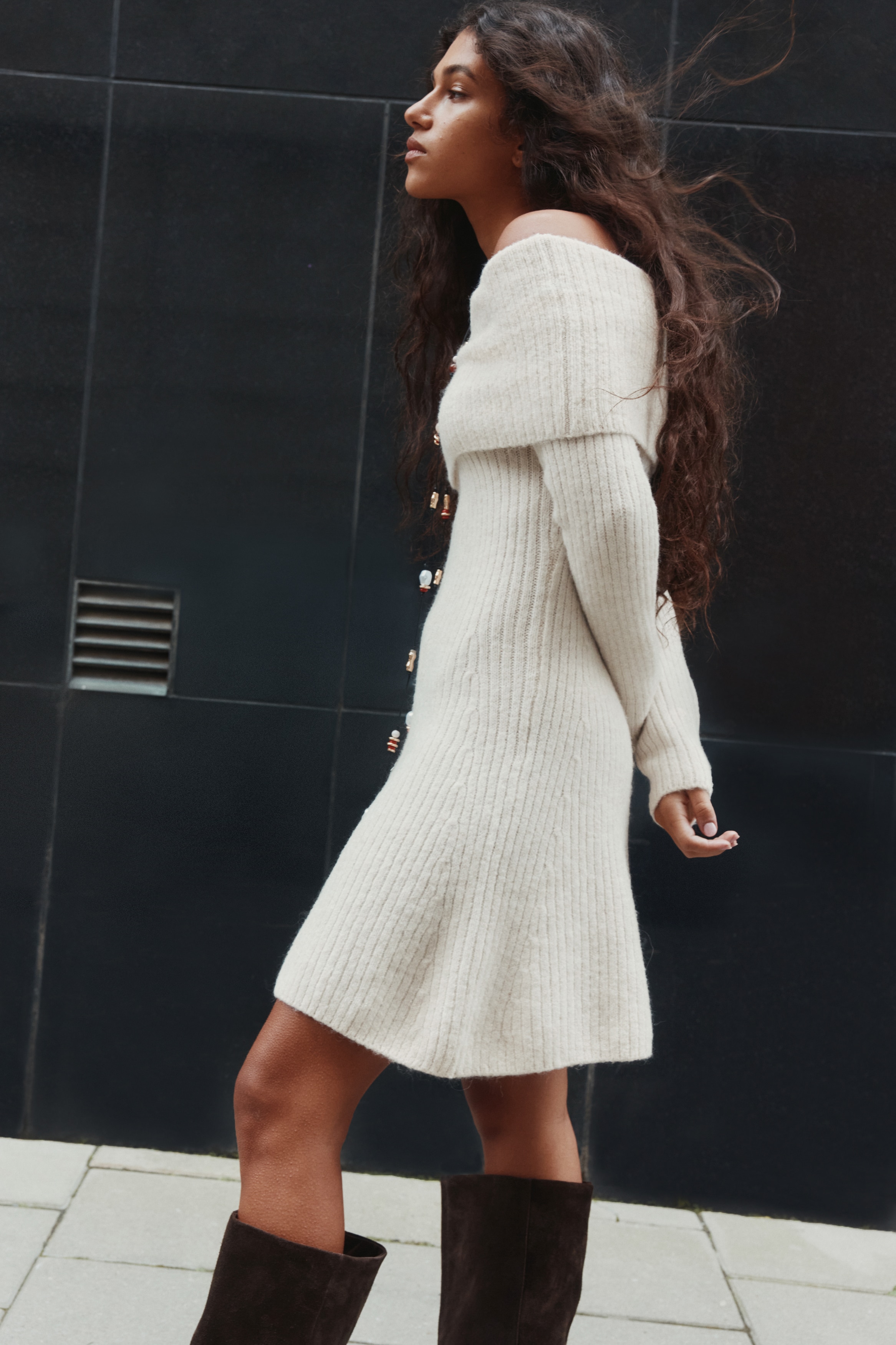 Rib-Knit Off-the-Shoulder Dress - Light blue melange - Ladies | H&M US