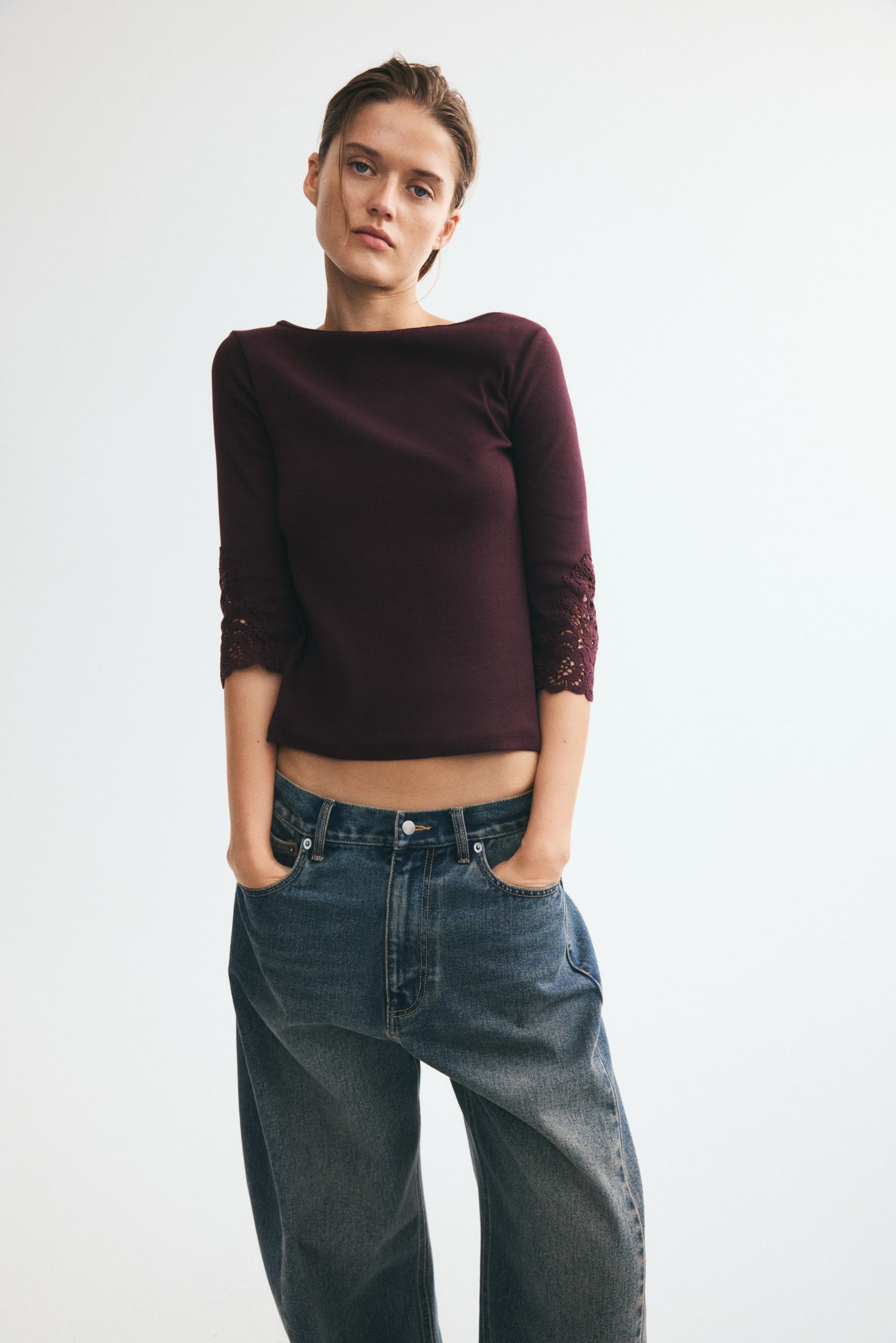 Lace-inset boat-neck top - Burgundy/Dark dusty blue/Black