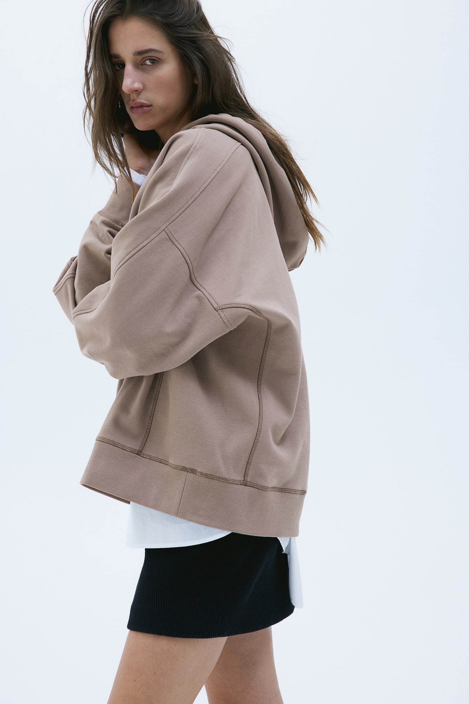 Oversized cotton hoodie - Beige/Black - 2