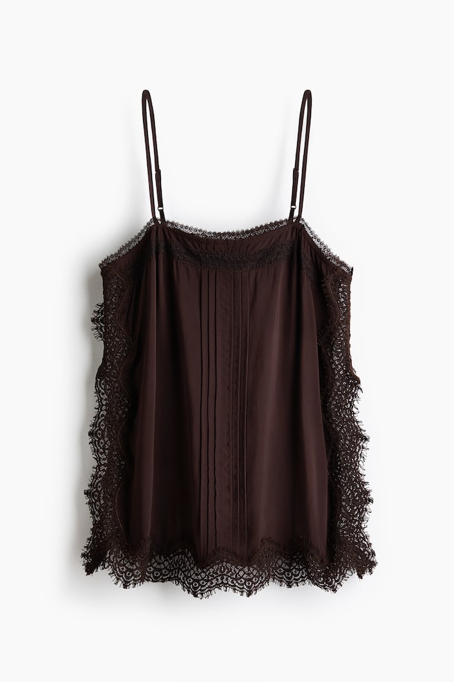 Lace-trimmed viscose top - Dark brown - 1