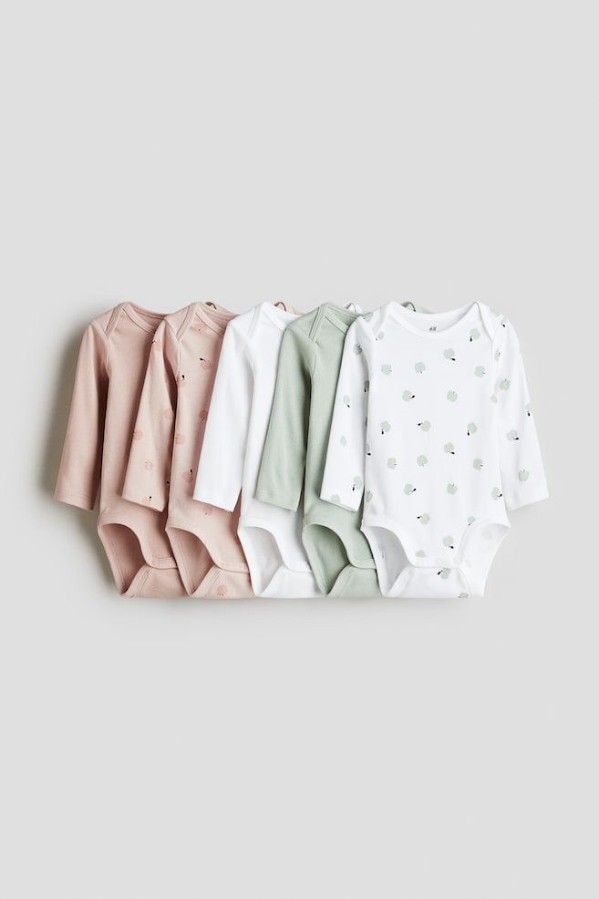 5-pack long-sleeved bodysuits - Pink/Apples/Green/Dinosaurs/Pink/Cherries/Navy blue/Strawberries/Dark grey/Bears/Blue/Vehicles/Light beige/Giraffes - 1
