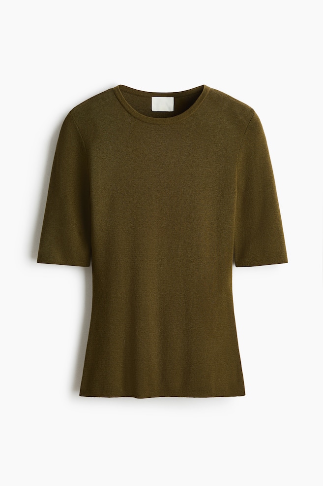 T-shirt in maglia a coste - Verde kaki scuro/Crema - 1