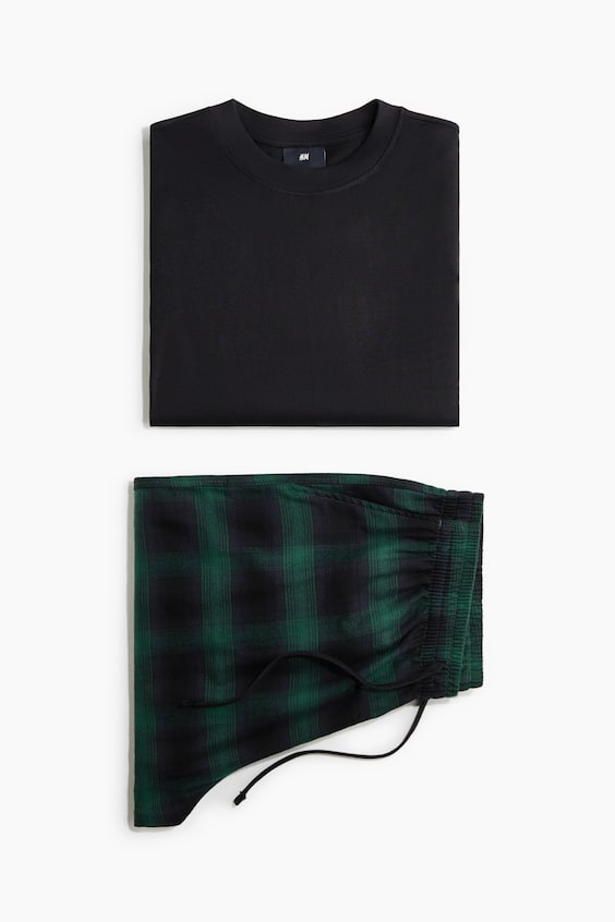 Мужские комплекты H&M 2-Piece Cotton Loungewear Set, цвет: Чёрный / Клетчатый