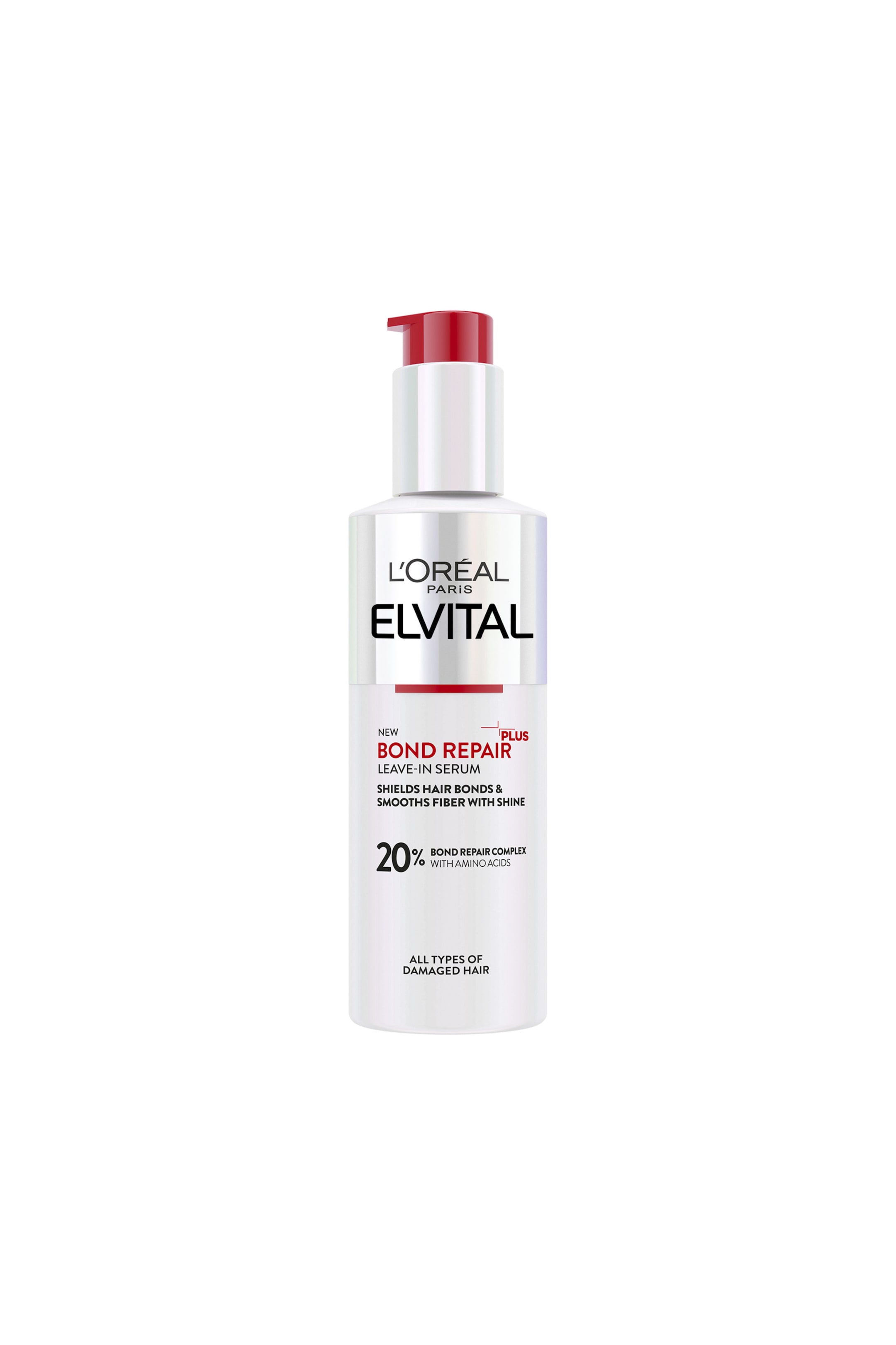 Vis større bilde: En flaske med L'Oréal Paris Elvital Bond Repair leave-in serum står oppreist, vendt fremover. Den har en hvit sylindrisk kropp med et sølvbånd og en rød pumpe-dispenser, mens etiketten tydelig viser "L'ORÉAL PARIS ELVITAL", "Bond Repair Leave-In Serum" med en rød understrekning, og "20% Bond Repair Complex with Amino Acids".