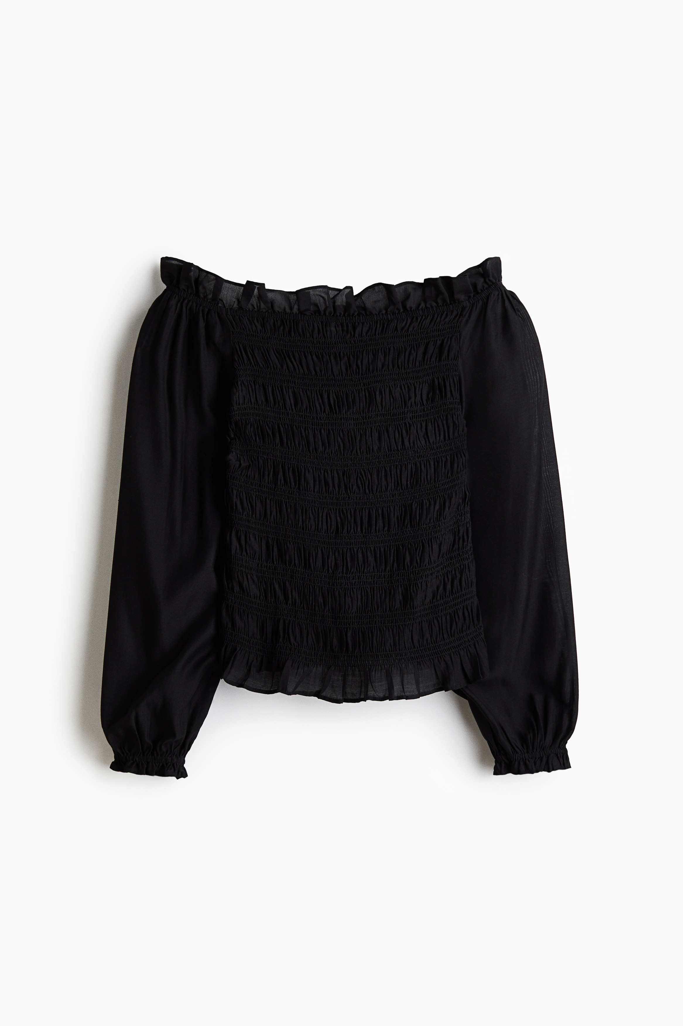 Блуза с голи рамене и набори с ластици - Черен/Виолетова слива