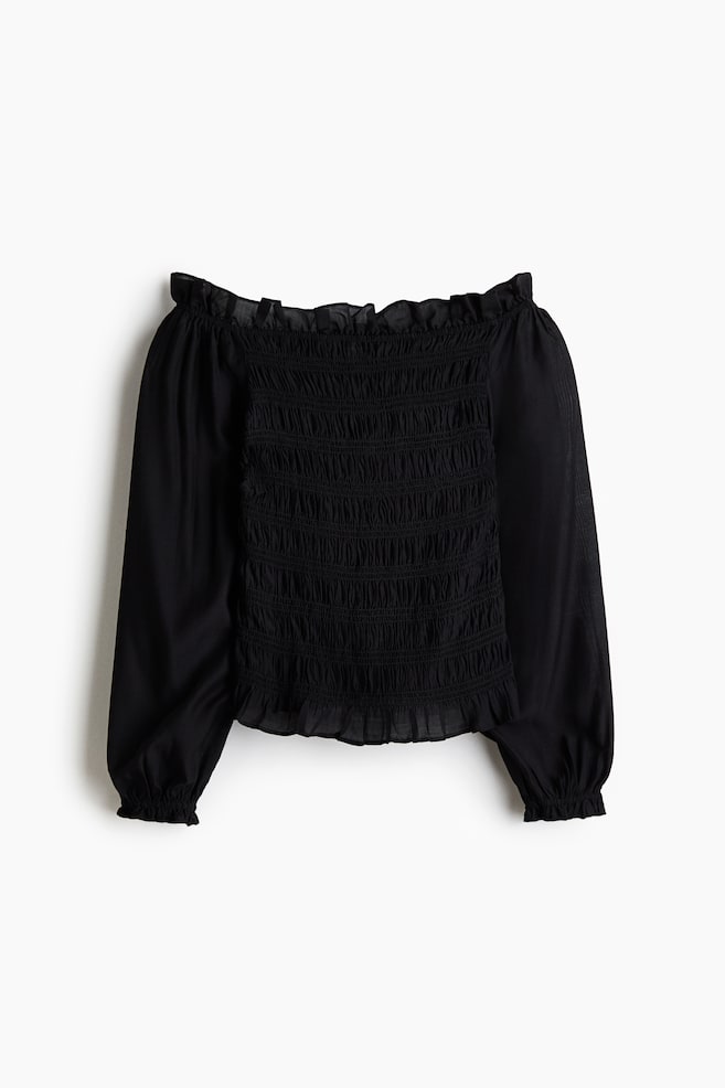 Smocked Off-the-Shoulder Blouse - Black/Plum purple - 1