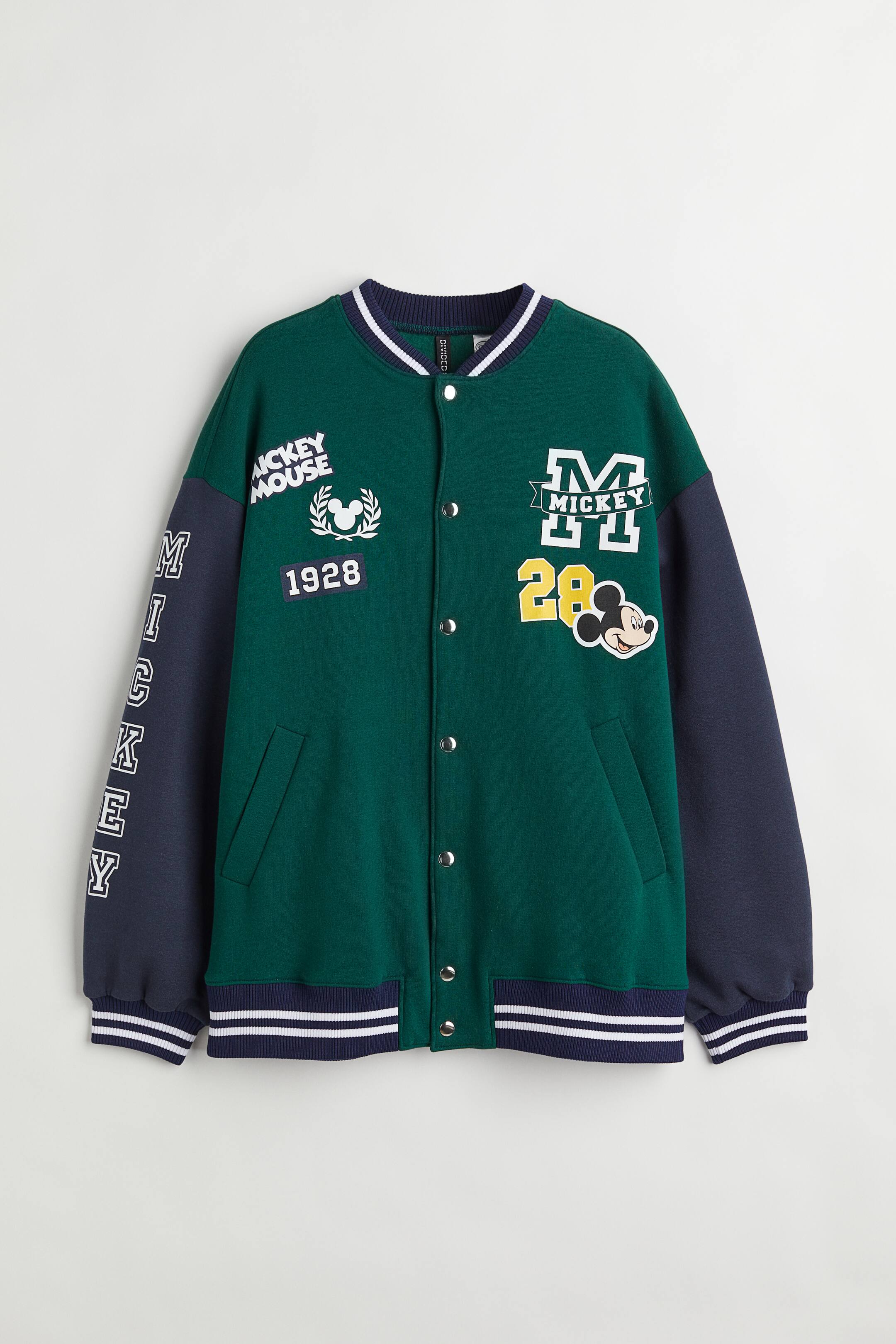 Printed Baseball Jacket - Long sleeve - Short - Dark green/Mickey Mouse ...