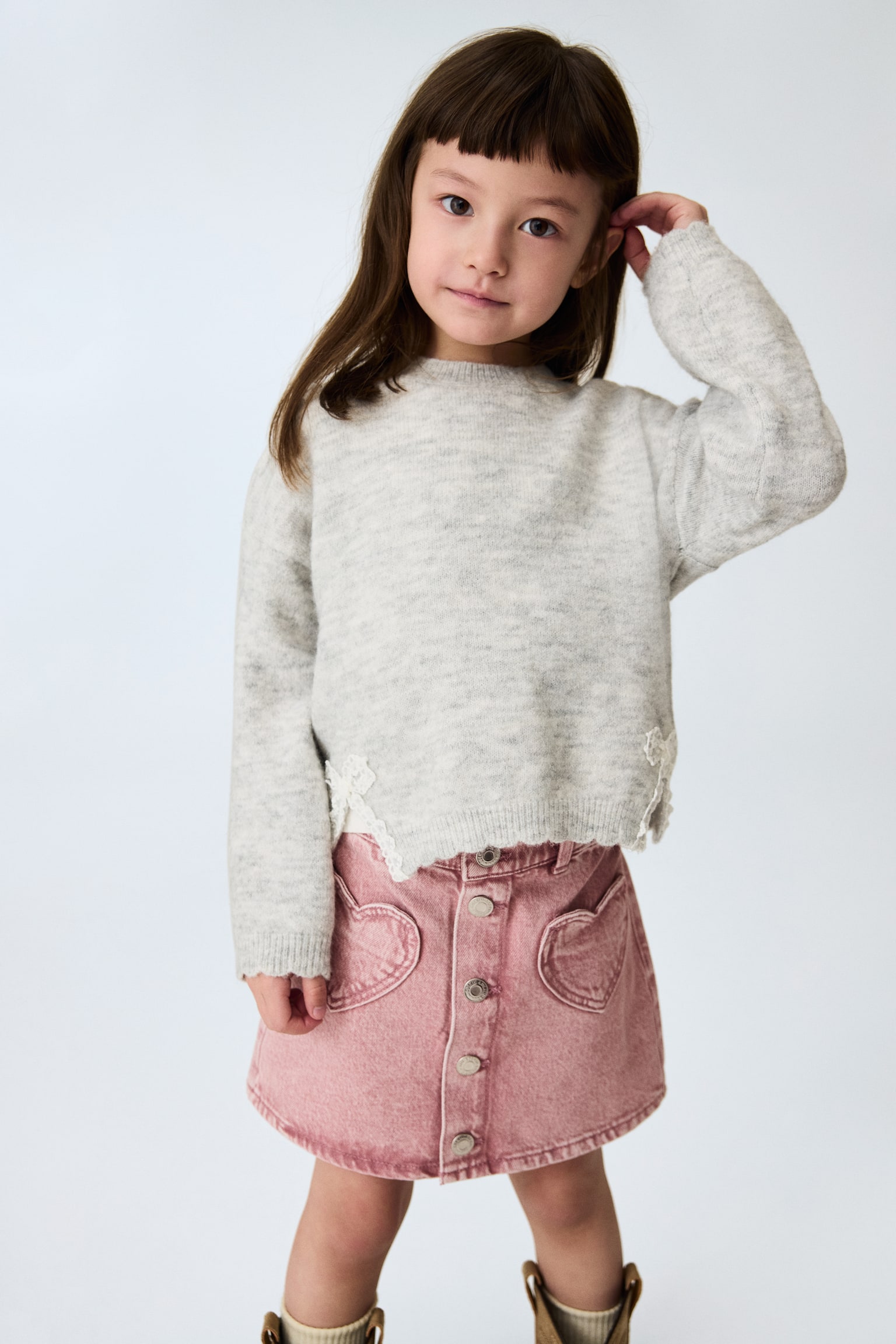 Heart Pocket Twill Skirt - Dark pink/Dark khaki green - 1