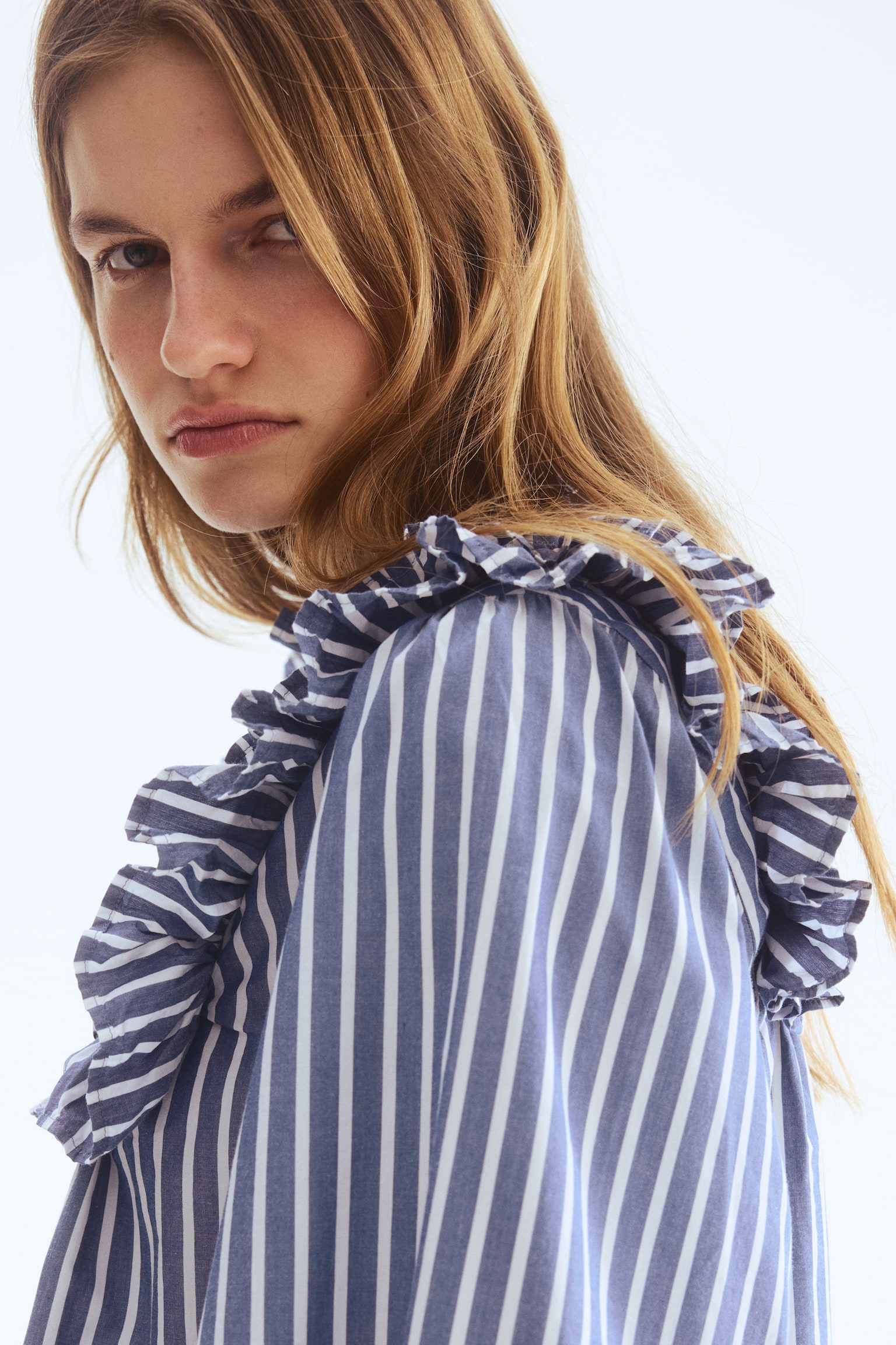 Frill-trimmed cotton blouse - Blue/Striped - 6