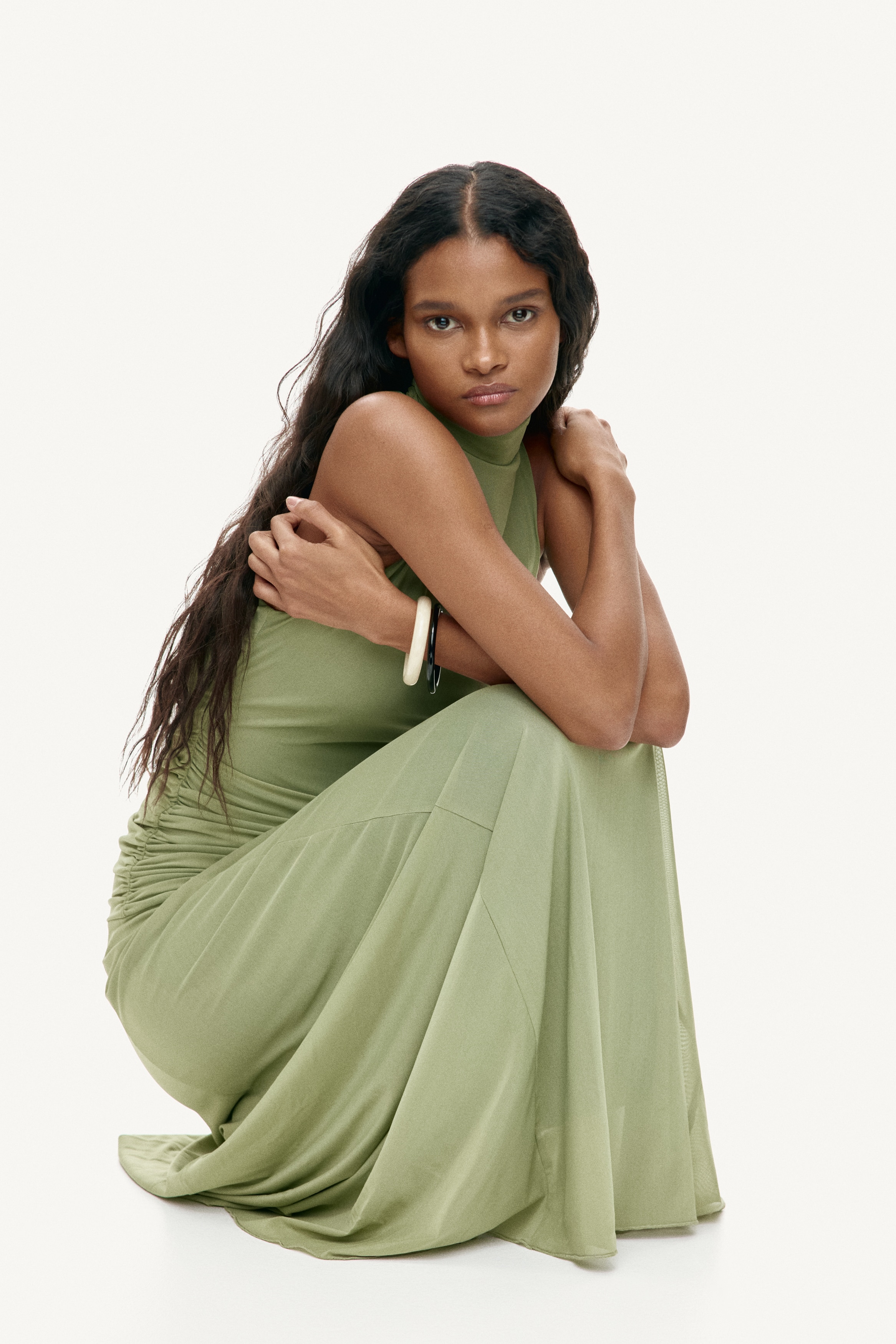 Abito arricciato in mesh - Verde kaki/Beige