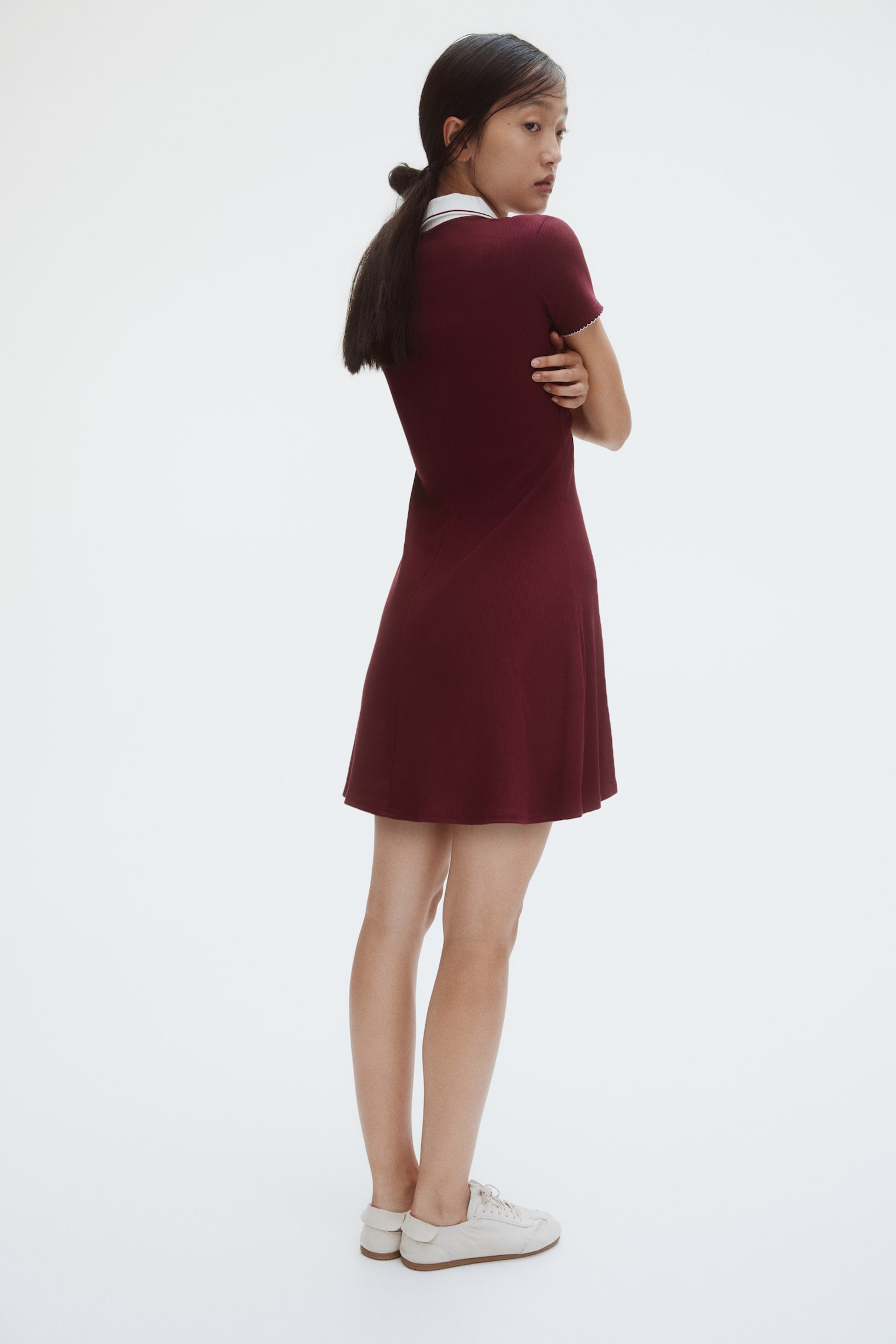 傘襬Polo洋裝 - 酒紅色/海軍藍 - 4