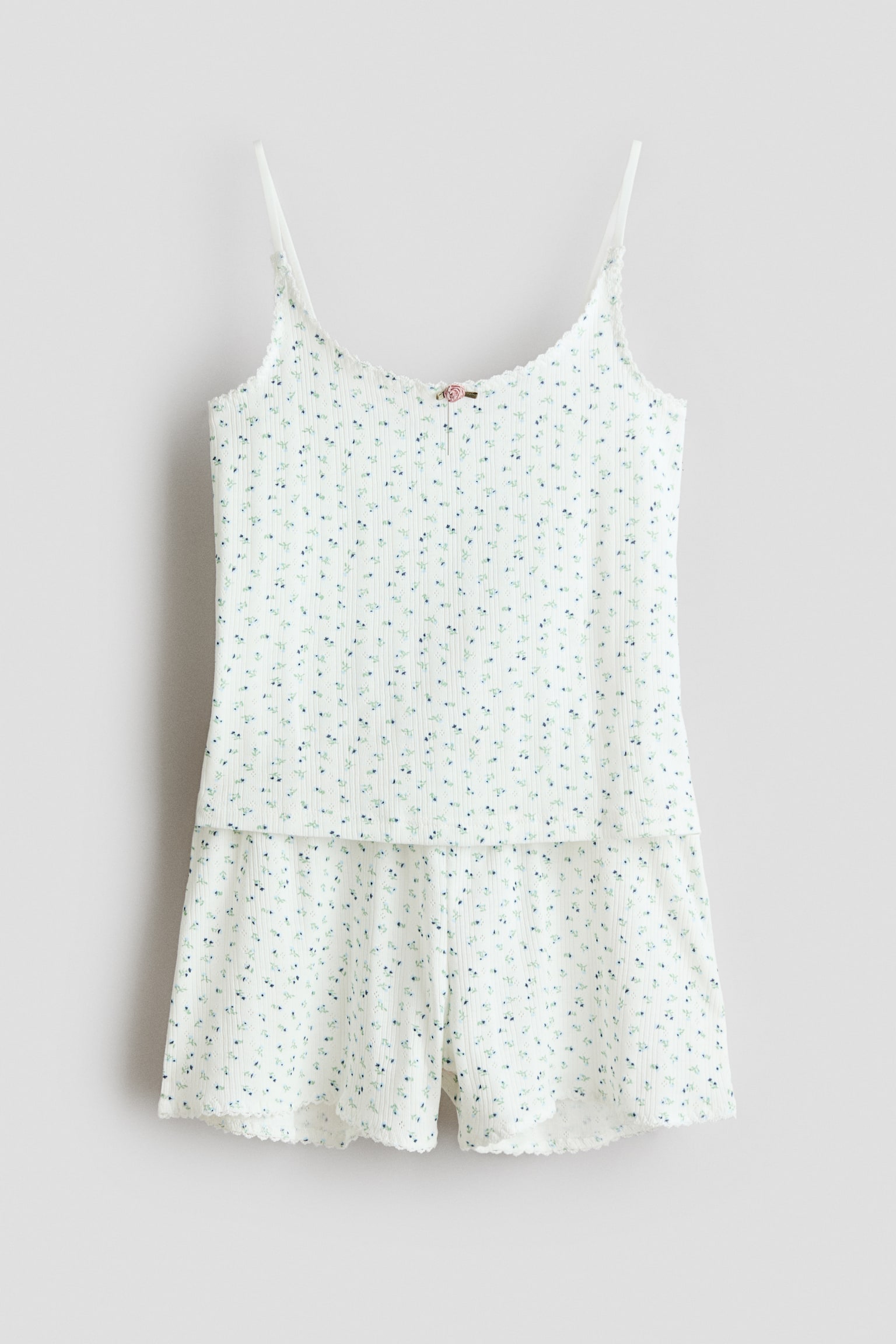 Pijama canelado em algodão - Creme/Floral