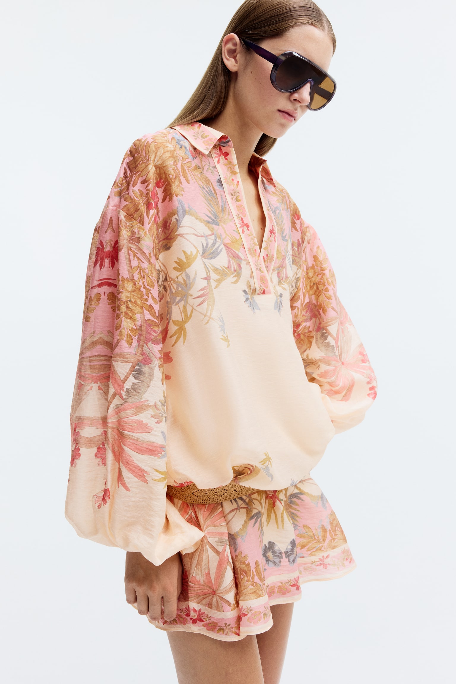 Linen-Blend Tunic Dress - Light dusty beige/floral - 1