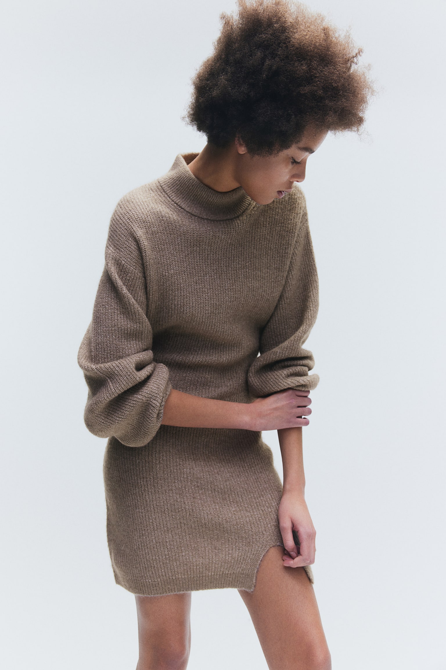 High Neck Knit Dress - Beige/White - 4