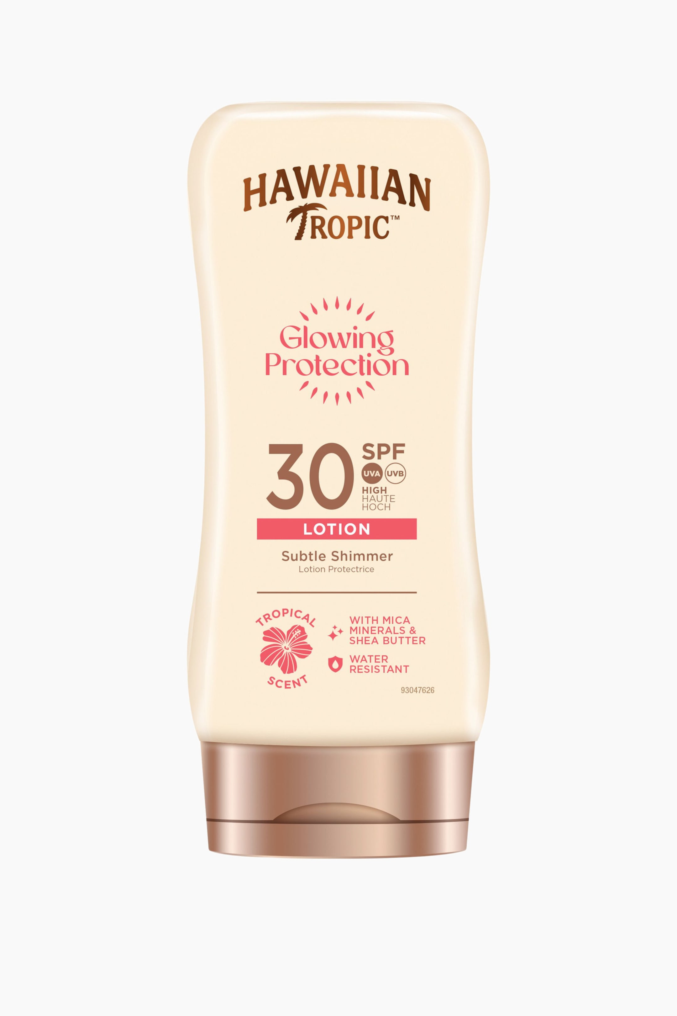 Visa större bild: En krämfärgad lotionflaska från Hawaiian Tropic, Glowing Protection SPF 30, står upprätt och är vänd framåt. Den har ett roséguldsfärgat lock och text på etiketten som anger 'Diskret skimmer', 'Tropisk doft' och 'Vattenresistent'.