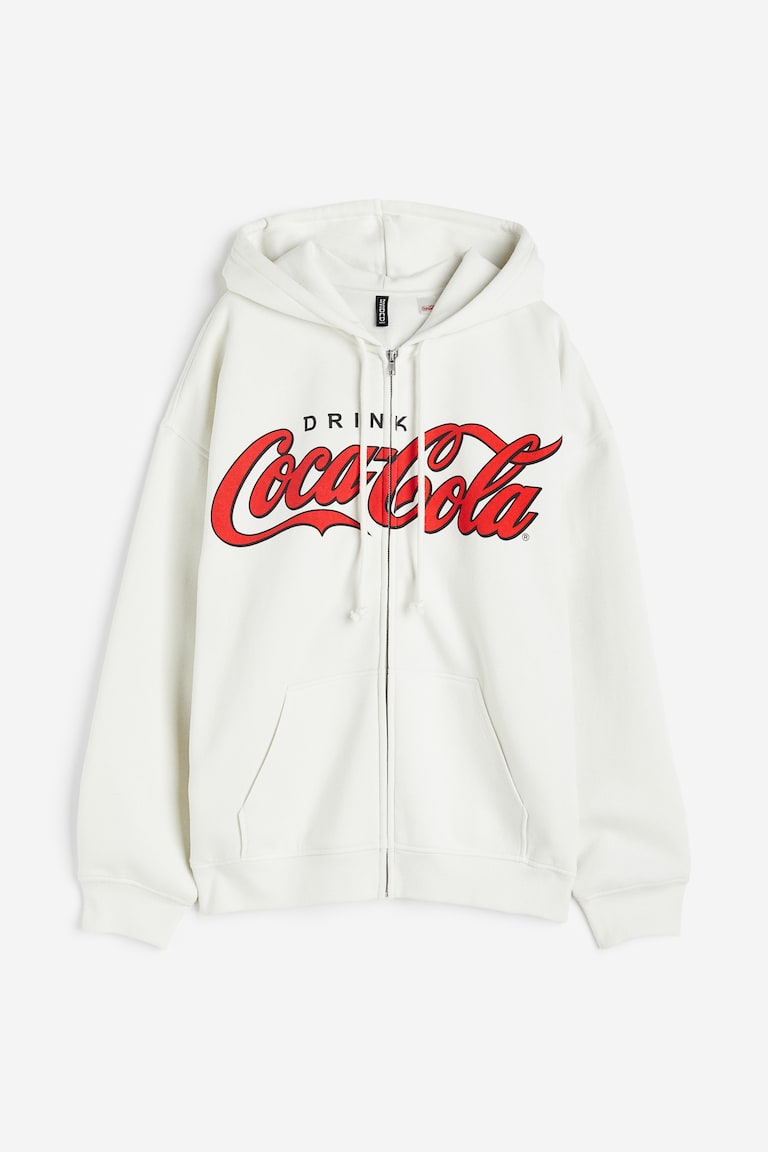 Printed zip-through hoodie White/Coca-Cola Ladies H&M MY - Main Image