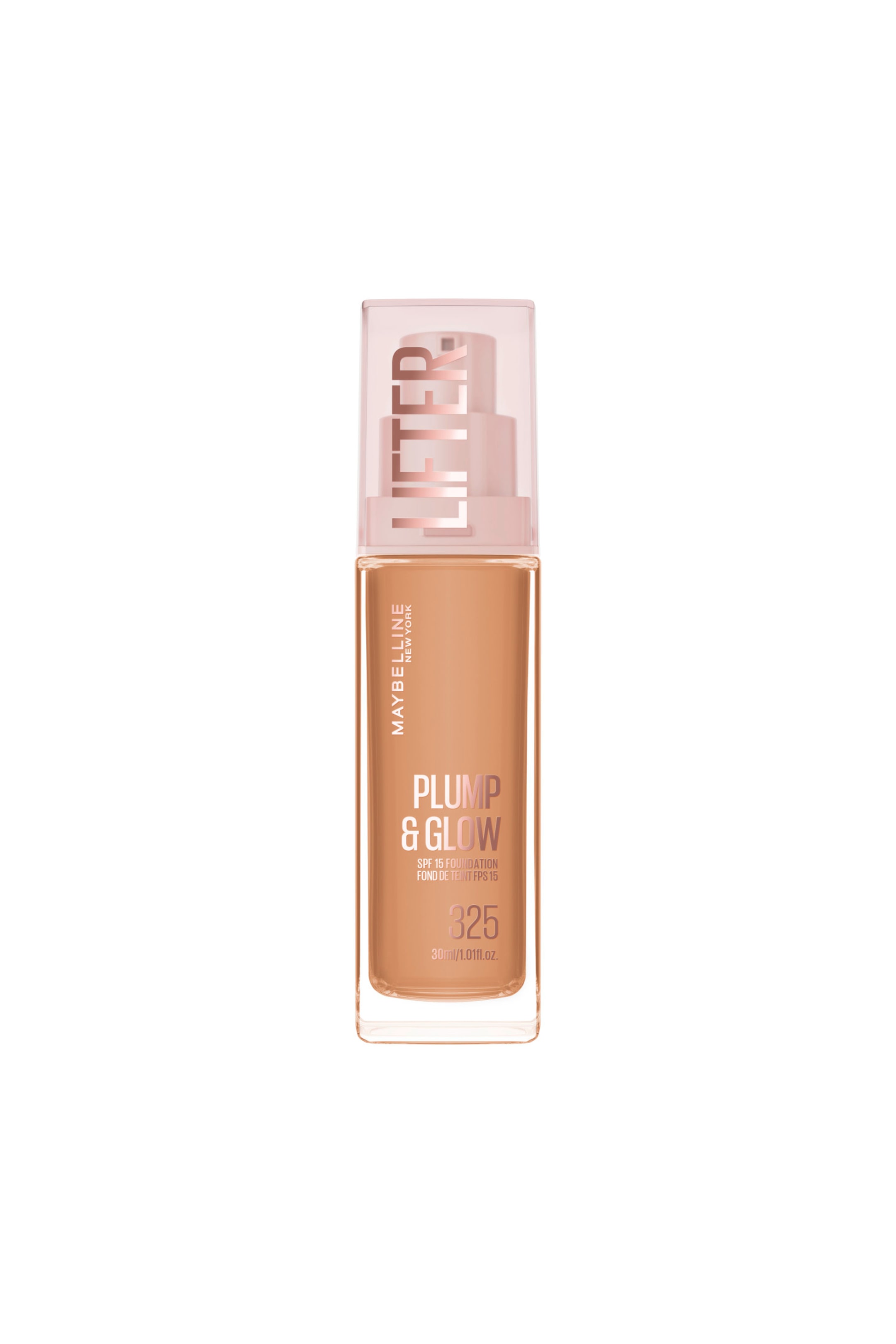 Größeres Bild ansehen: Eine rechteckige, transparente Glas-Foundation-Flasche, frontal ausgerichtet, präsentiert eine hell- bis mittelbraune Flüssigkeit und einen transparenten Verschluss mit der Aufschrift „LIFTER“ in Roségold. Das vordere Etikett der Flasche zeigt „MAYBELLINE NEW YORK“, „PLUMP & GLOW“, „SPF 15 FOUNDATION“ und die Farbnummer „325“.