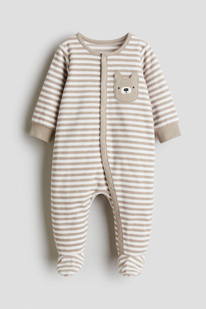 Schlafanzug aus Fleece - Beige/Weiss gestreift - 1